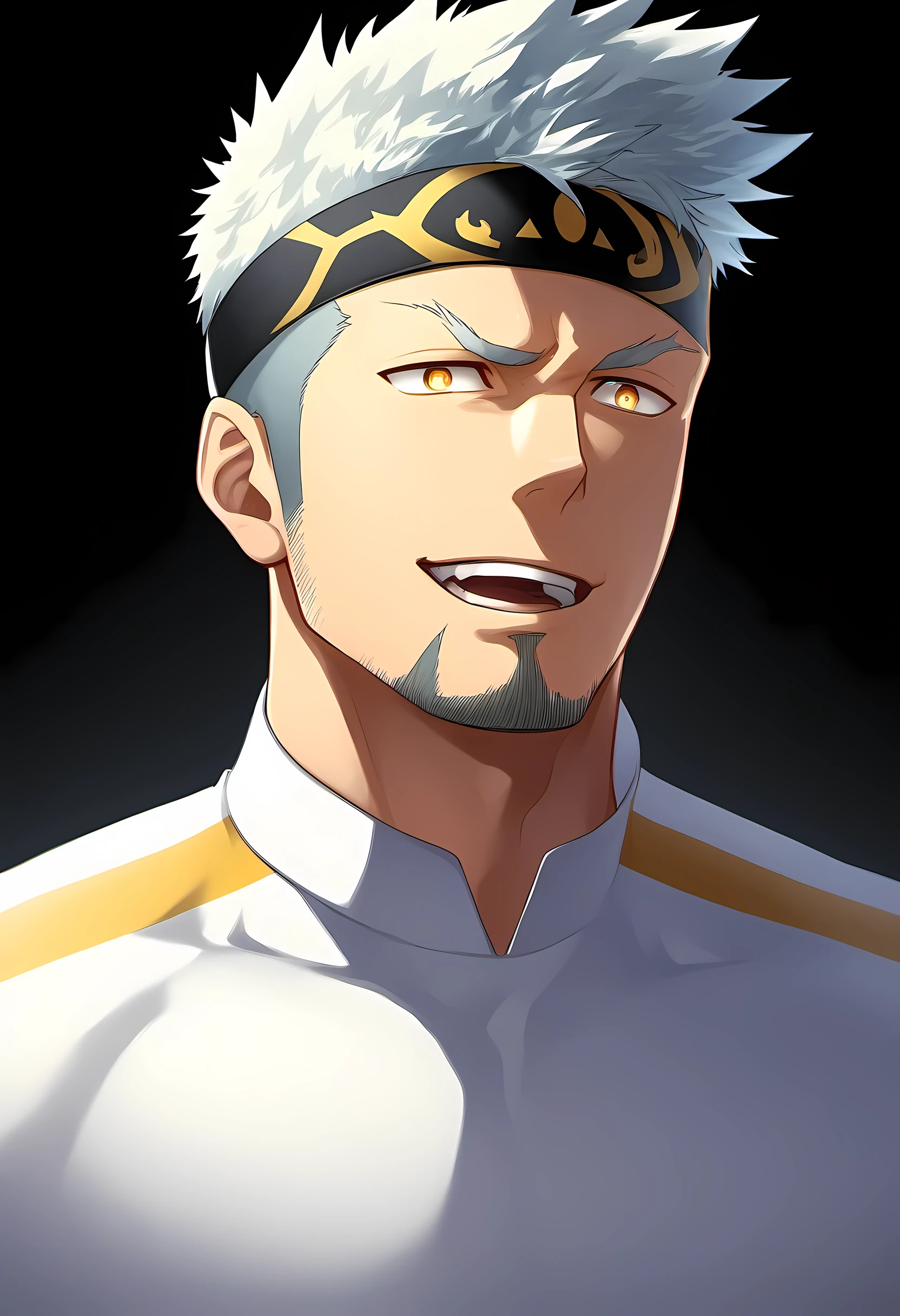 anime characters:Guy, Priapus, 1 young muscular man, male focus, six pointed star tattoo, Sporty black headband, Tight turtleneck long sleeve white spandex T-shirt, Milky white mucus at the corners of the mouth, muscular male, muscular, only, Upper body, alone, white short hair, stubble, yellow eyes, black background, simple background, amazing quality, best aesthetics, Ridiculous, bright pupils, short hair, naughty face, torogao, open lips, best quality