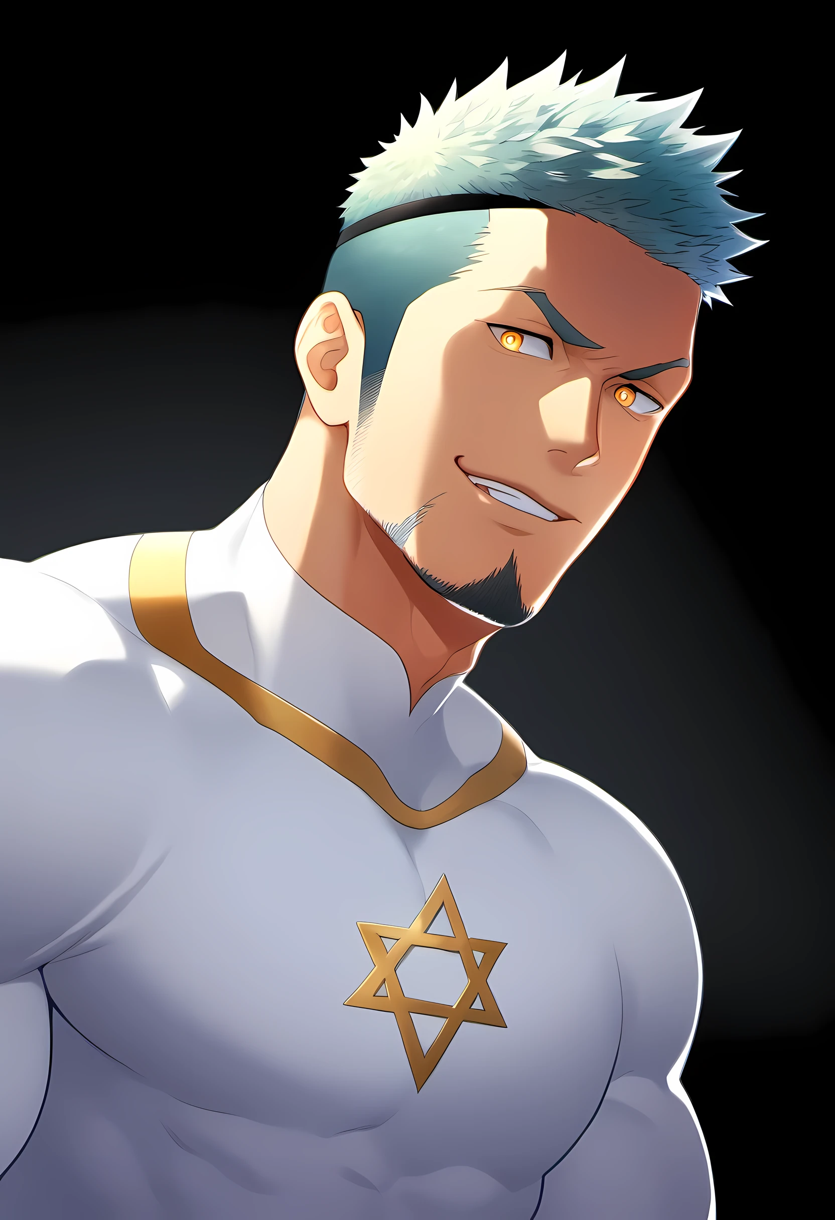 anime characters：Guy, Priapus, 1 young muscular man, male focus, six pointed star tattoo, Sporty black headband, Tight turtleneck long sleeve white spandex T-shirt, Milky white mucus at the corners of the mouth, muscular male, muscular, only, Upper body, alone, white short hair, stubble, yellow eyes, black background, simple background, amazing quality, best aesthetics, Ridiculous, bright pupils, short hair, naughty face, torogao, open lips, best quality