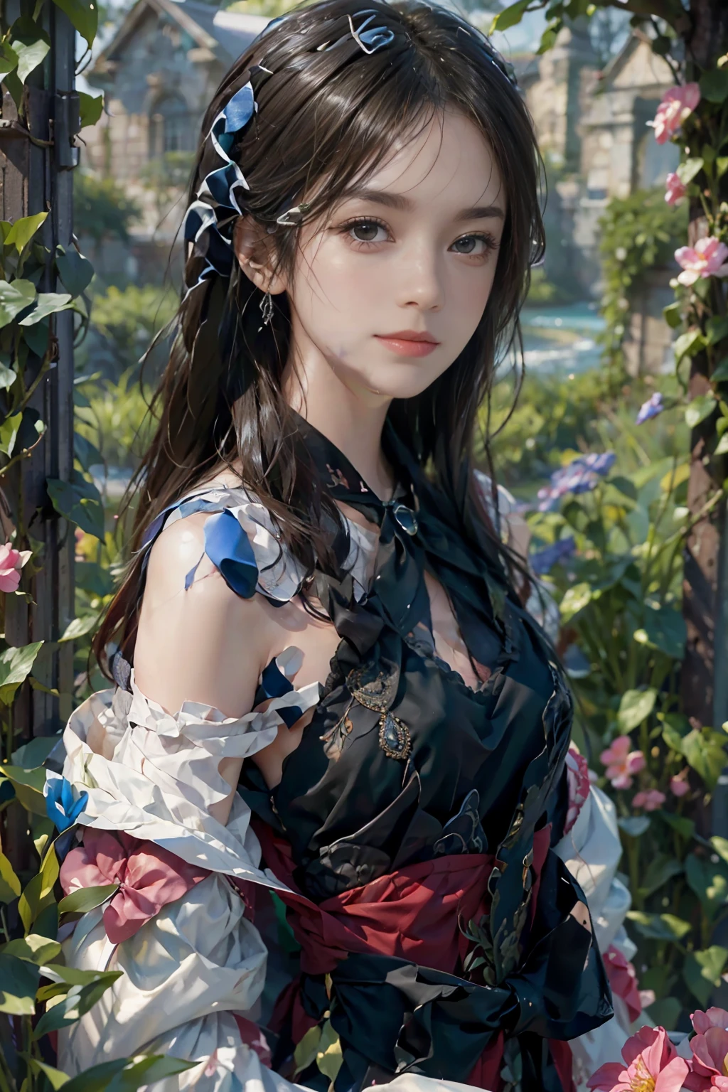 (ultra realistic), (Illustration), (Increased resolution), (8K), (extremely detailed), (Best Illustration), (Beautiful and detailed eyes), (Best quality), (ultra detailed), (Masterpiece ), ( wallpaper), (detailed face), One, 1 girl, I look at the viewer, small parts, detailed face, in the dark, deep shadows, restrained, clean face_v1, smiling, long hair, Black shawl on straight hair .