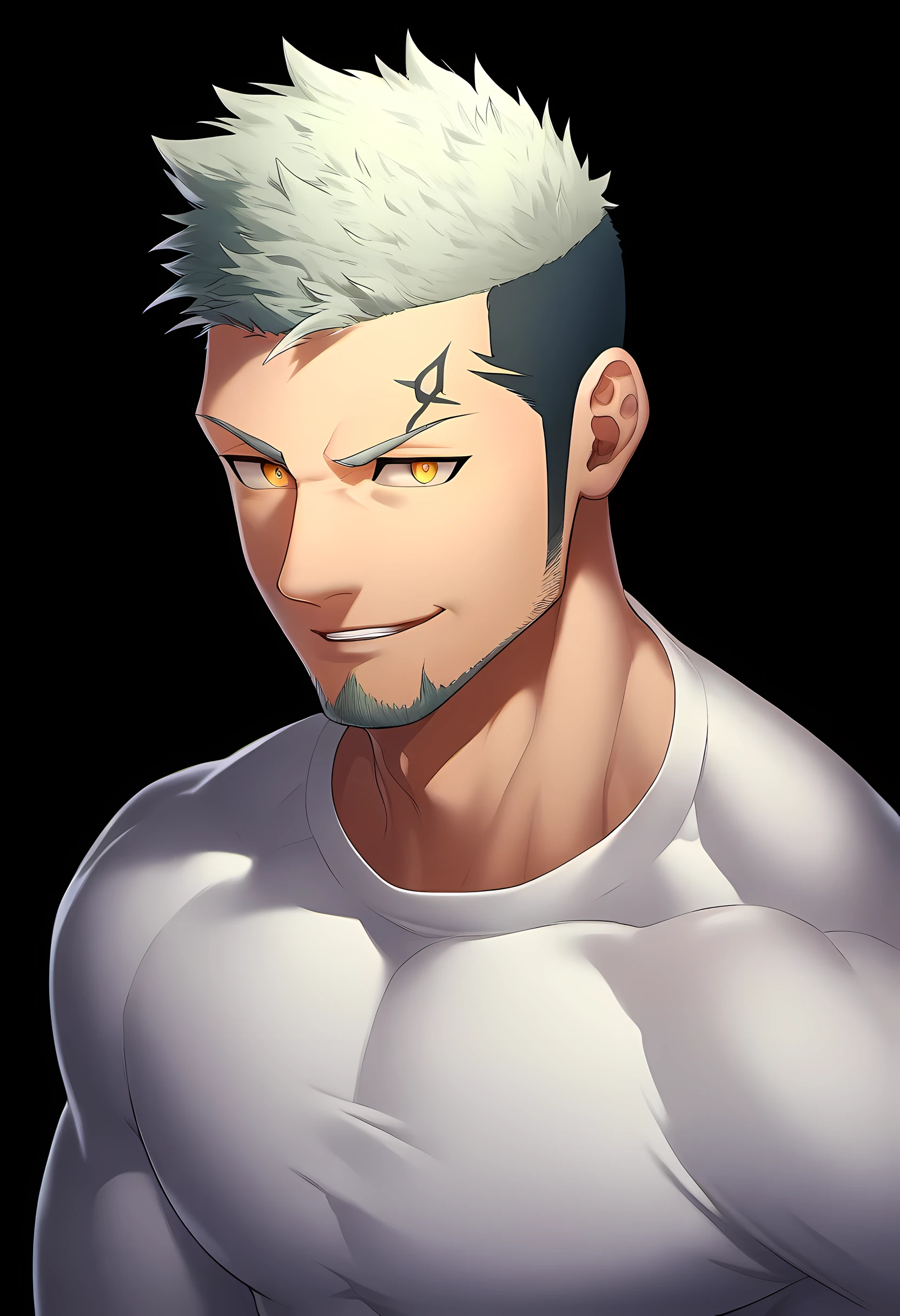 anime characters:Guy, Priapus, ung muscular man, male focus, six pointed star tattoo, Sporty black headband, Tight turtleneck long sleeve white spandex T-shirt, Milky white mucus at the corners of the mouth, muscular male, muscular, only, Upper body, alone, white short hair, stubble, yellow eyes, black background, simple background, amazing quality, best aesthetics, Ridiculous, bright pupils, short hair, naughty face, torogao, open lips, best quality