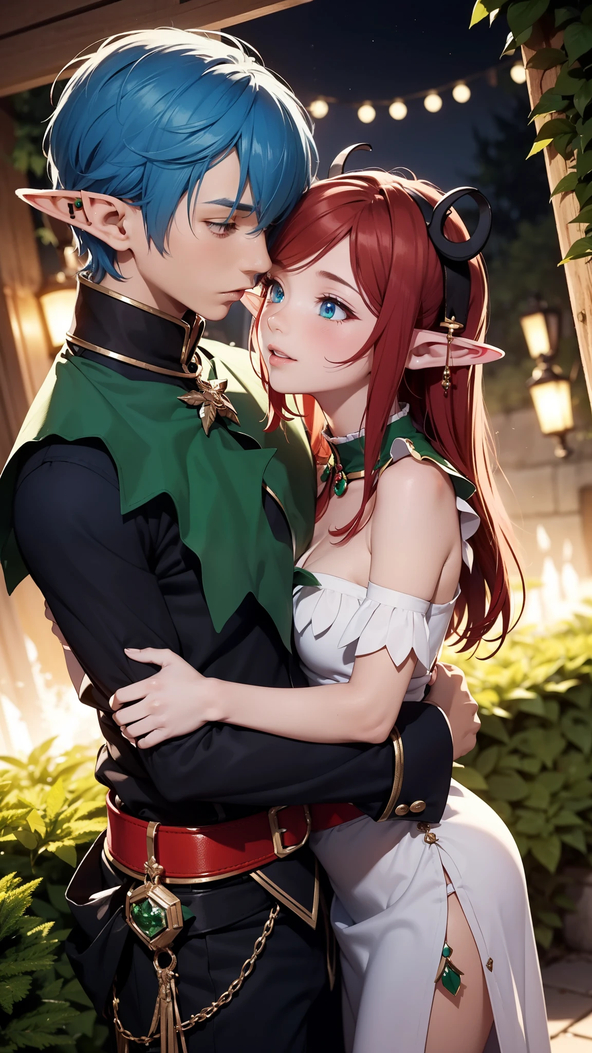2others, couple, 1boy with 1girl, (Height difference1.3), ((elf boy:1.5) with (blue hair color)), (daemon-like girl with (red hair and girl dark skin and 2 horns)), (boy defending girl:1.25), (girl hugs boy), full body, knight and lady, fantasy, closed mouth, detailed, enchanted dark forest, dark fairy tale, unconditional love, emotional connection