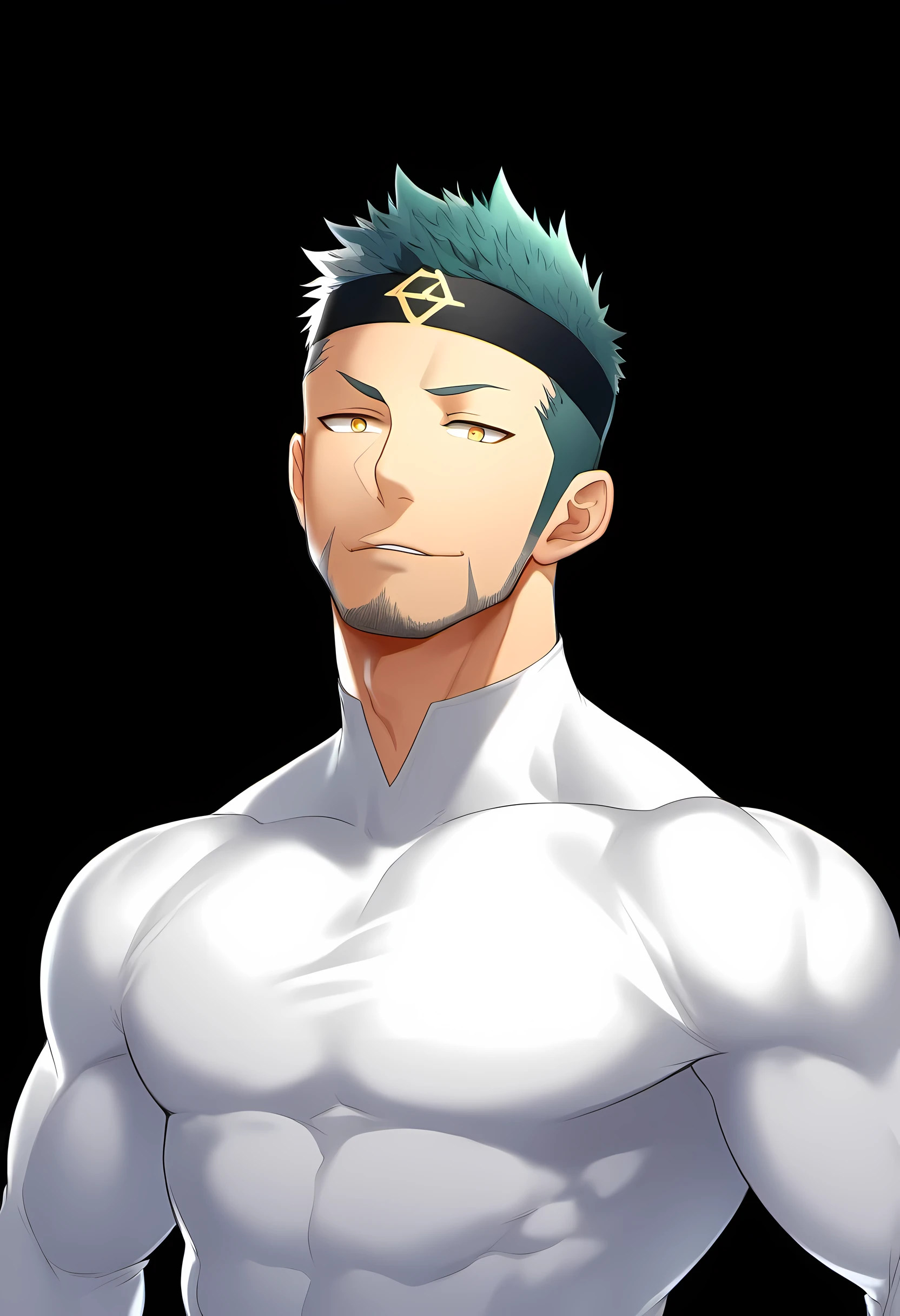 anime characters:Guy, Priapus, ung muscular man, male focus, six pointed star tattoo, Sporty black headband, Tight turtleneck long sleeve white spandex T-shirt, Milky white mucus at the corners of the mouth, muscular male, muscular, only, Upper body, alone, white short hair, stubble, yellow eyes, black background, simple background, amazing quality, best aesthetics, Ridiculous, bright pupils, short hair, naughty face, torogao, open lips, best quality