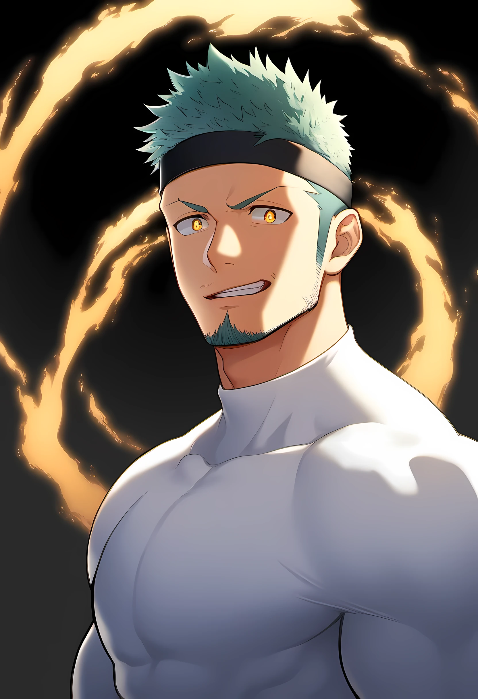 anime characters:Guy, Priapus, ung muscular man, male focus, six pointed star tattoo, Sporty black headband, Tight turtleneck long sleeve white spandex T-shirt, Milky white mucus at the corners of the mouth, muscular male, muscular, only, Upper body, alone, white short hair, stubble, yellow eyes, black background, simple background, amazing quality, best aesthetics, Ridiculous, bright pupils, short hair, naughty face, torogao, open lips, best quality