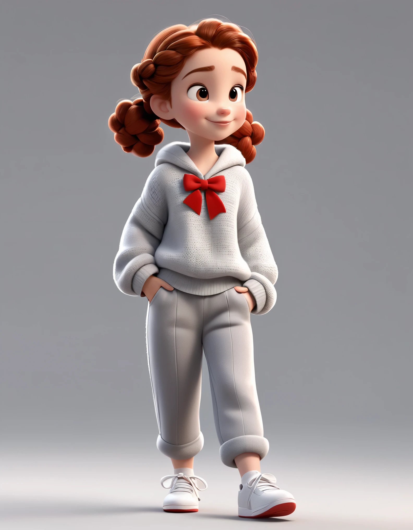 3D character from Disney animation, Pixar style,whole body，Walking happily，red bow，Simple gray soft sweater and furry very loose slacks，with braids，white shoes，clean background.cinnamic lighting, ray tracing, high details, 3d render 