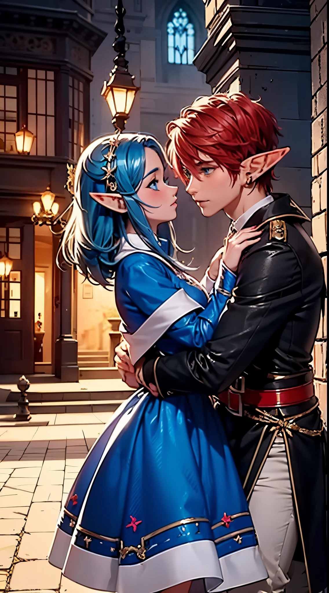 2others, couple, 1boy with 1girl, (Height difference1.3), ((elf boy:1.5) with (blue hair color) and witout horns), (daemon-like girl with (red hair and dark skin and 2 horns)), (boy defending girl:1.25), (girl hugs boy), full body, knight and lady, fantasy, closed mouth, detailed, enchanted dark forest, dark fairy tale, unconditional love, emotional connection