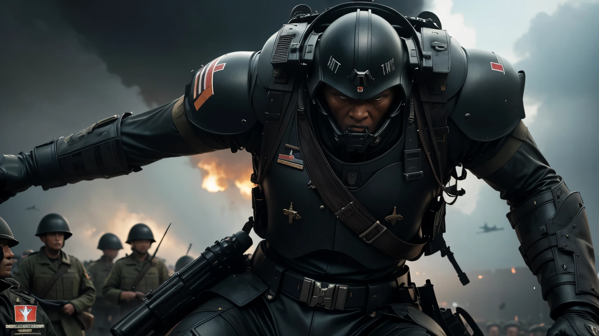 best quality, ultra high resolution,masterpiece, (reality,detail,close up)World War II,President of the country,by a group of black-clad soldiers,Take away the