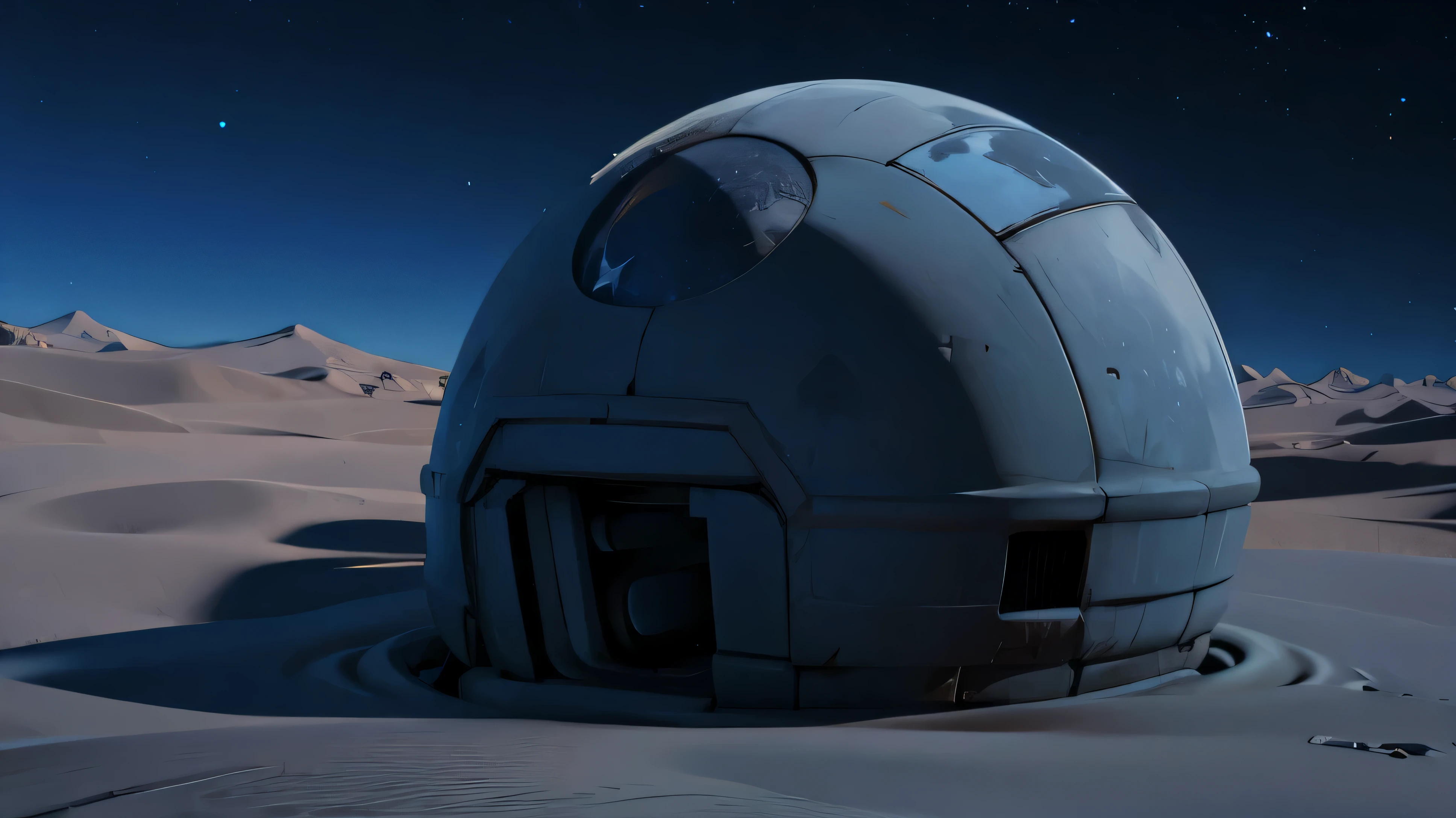 cartoon night sky desolate planet, cartoon night sky hot desert, cartoon night sky starry sky, galaxy, Desolation in the distance、ruined figure, Destroyed moon blue background,There is a black cartoon duel field in the middle,