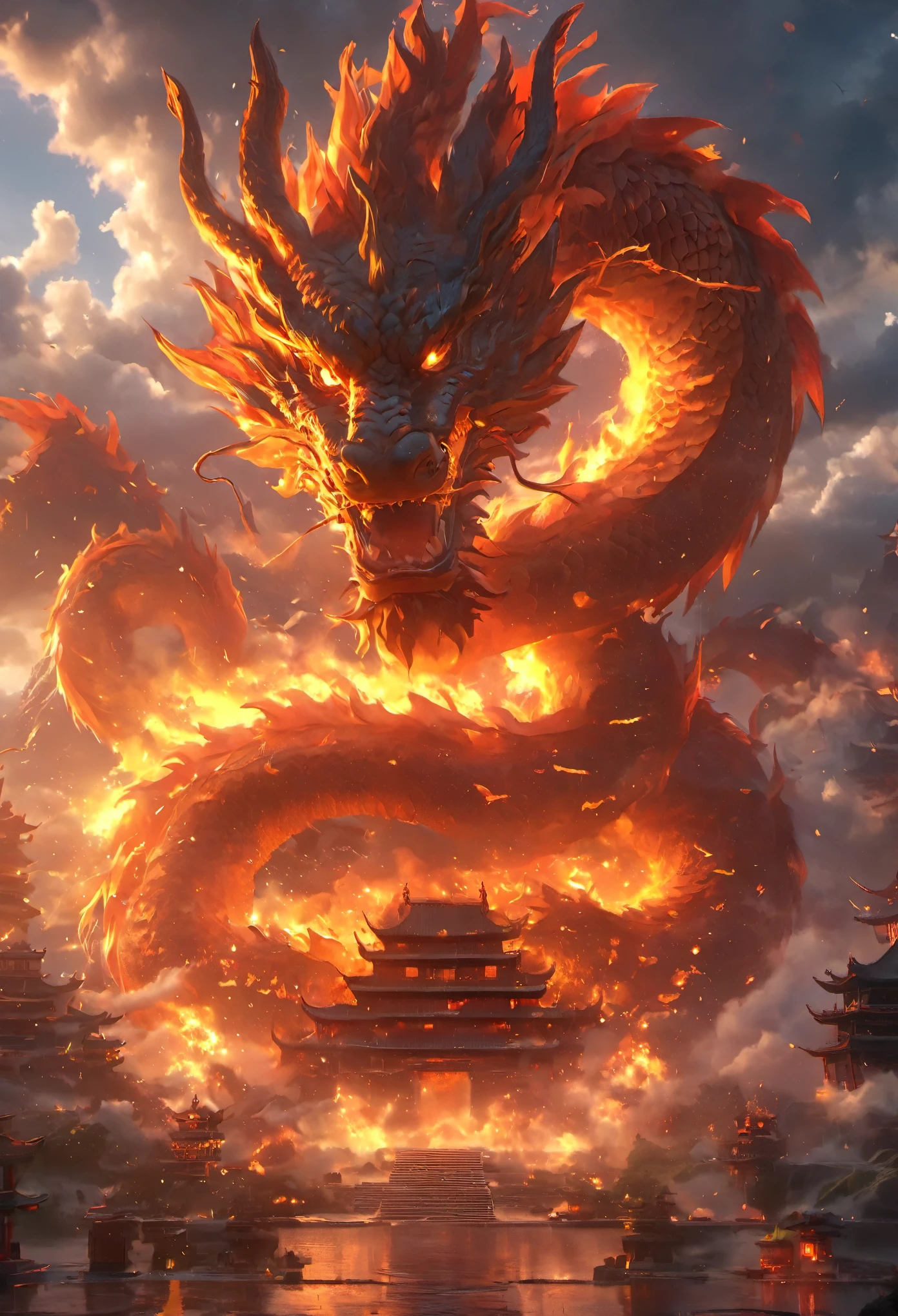 In a fantasy world, traditional Chinese architecture, a fire dragon, clouds, the sun, the sky, mountains, thunder and lightning, (best quality, 4k, highres, masterpiece:1.2), ultra-detailed, (realistic:1.37), vibrant colors, bokeh, vivid lighting.