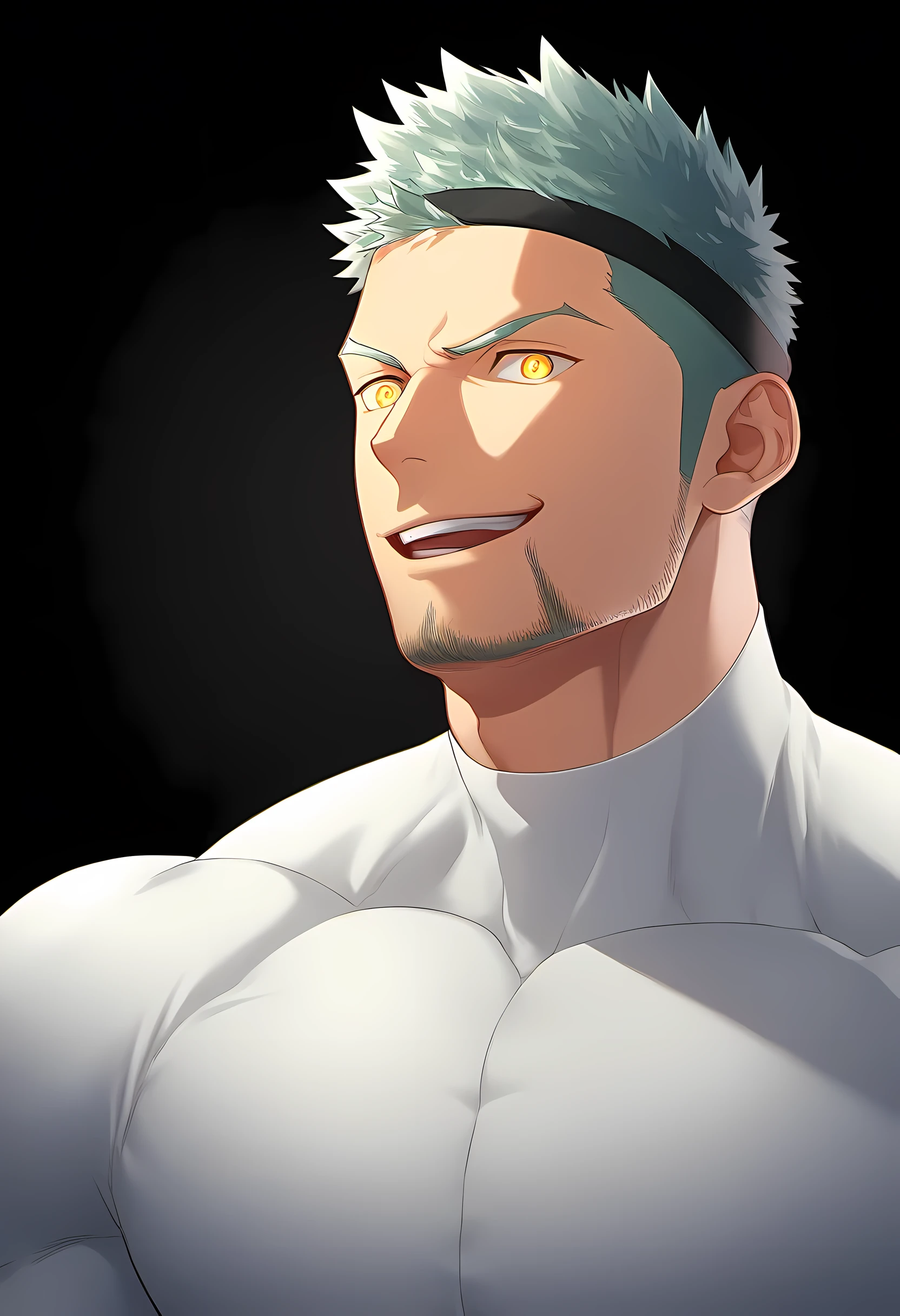 anime characters:Guy, Priapus, 1 young muscular man, male focus, Dark gray spandex tight T-shirt, white hair, muscular male, muscular, only, Upper body, alone, white short hair, stubble, yellow eyes, black background, simple background, amazing quality, best aesthetics, Ridiculous, bright pupils, short hair, naughty face, torogao, open lips, verbal invitation, traces of saliva, moan, blush, Slobber, best quality