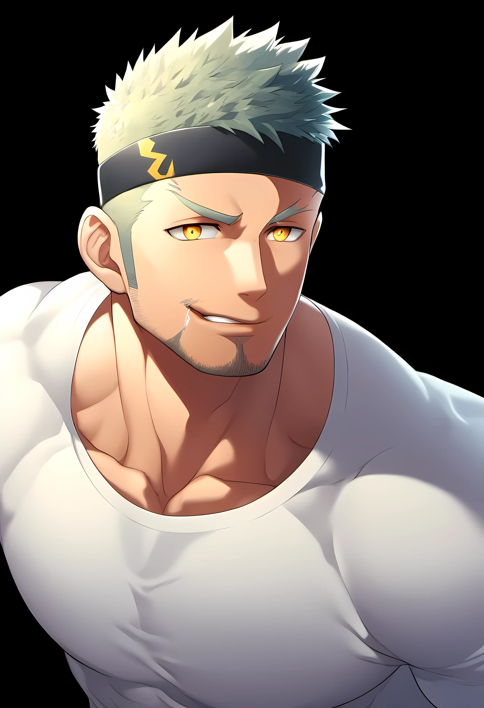 anime characters：Guy, Priapus, 1 young muscular man, male focus,  Sporty black headband, Tight turtleneck long sleeve white spandex T-shirt, Milky white mucus at the corners of the mouth, muscular male, muscular, only, Upper body, alone, white short hair, stubble, yellow eyes, black background, simple background, amazing quality, best aesthetics, Ridiculous, bright pupils, short hair, naughty face, torogao, open lips, best quality