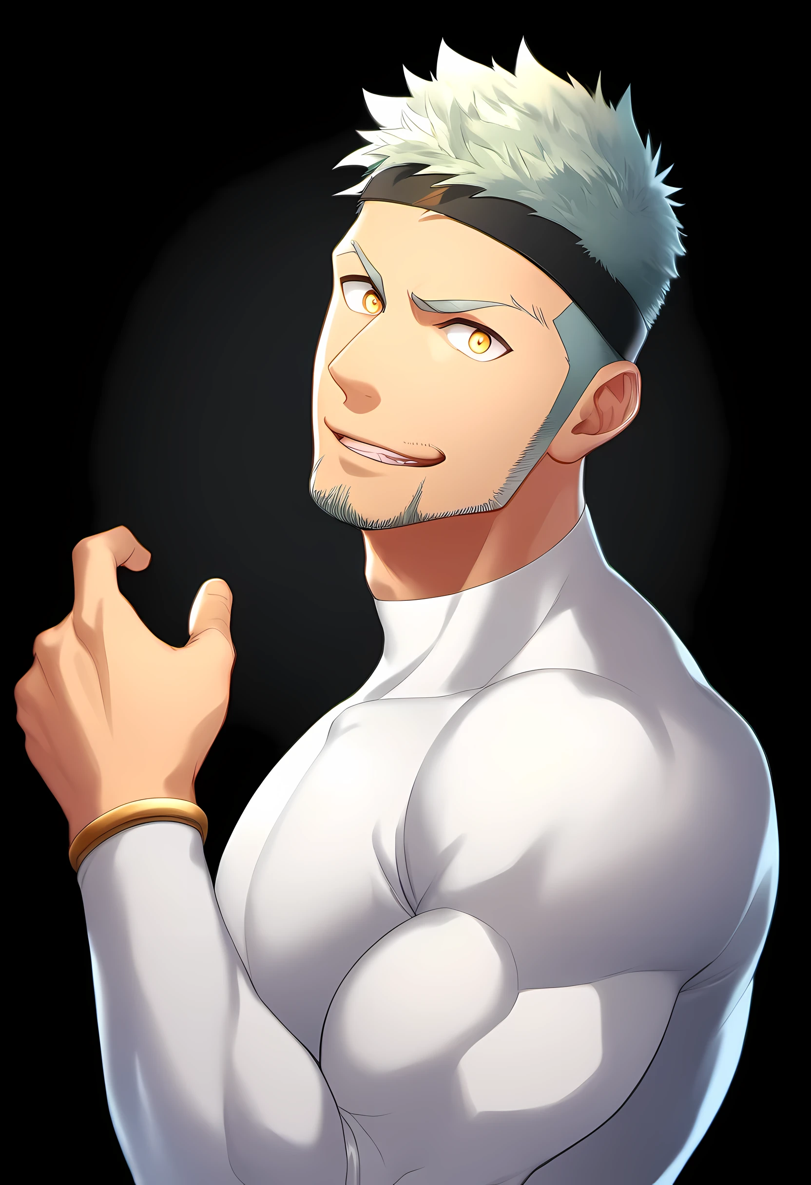 anime characters:Guy, Priapus, ung muscular man, male focus, Sporty black headband, Tight turtleneck long sleeve white spandex T-shirt, Milky white mucus at the corners of the mouth, muscular male, muscular, only, Upper body, alone, white short hair, stubble, yellow eyes, black background, simple background, amazing quality, best aesthetics, Ridiculous, bright pupils, short hair, naughty face, torogao, open lips, best quality