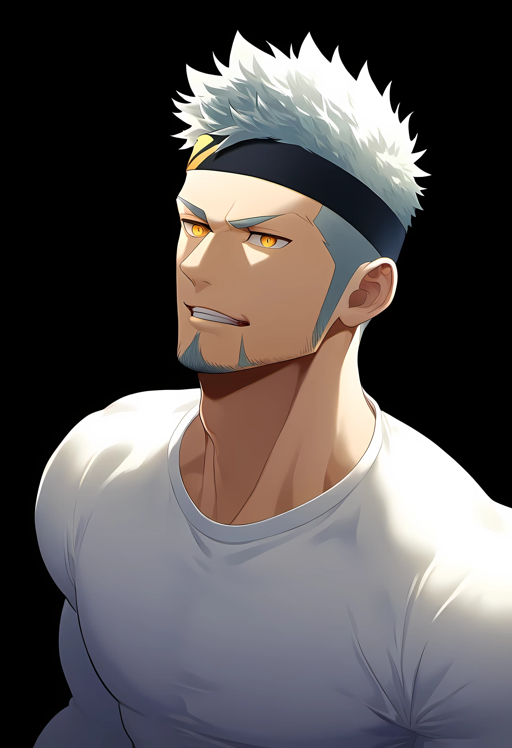 anime characters:Guy, Priapus, 1 young muscular man, male focus, Six pointed star tattoo on face, Sporty black headband, White spandex tight T-shirt, muscular male, muscular, only, Upper body, alone, white short hair, stubble, yellow eyes, black background, simple background, amazing quality, best aesthetics, Ridiculous, bright pupils, short hair, naughty face, torogao, open lips, traces of saliva, verbal invitation, Slobber, moan, blush, best quality