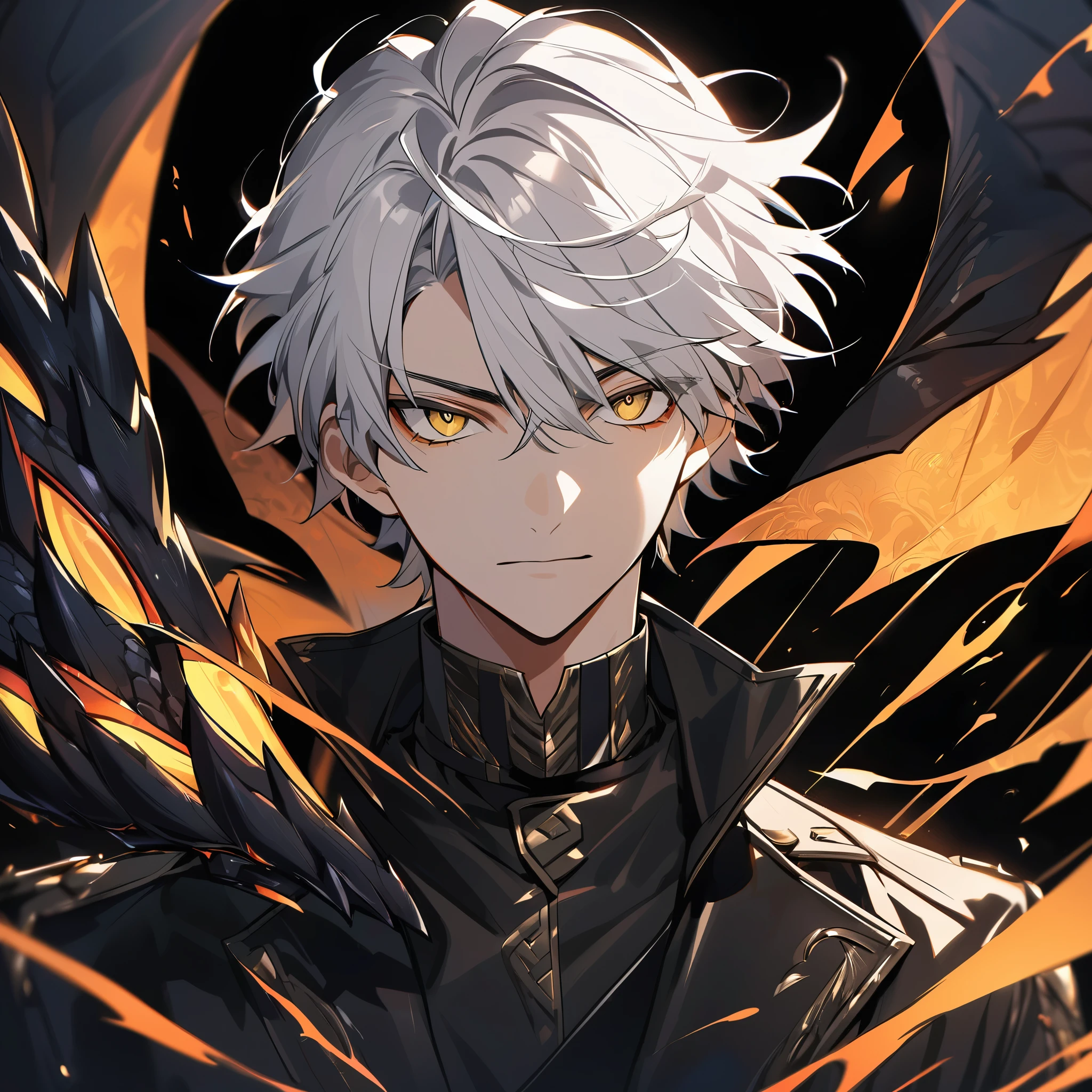 Handsome male, 1male, , teenager, going, short white hair, flat cut hair, sharp eyes, gold eyes, devil may cry, close up, calm expression, stoic, black leather clothes, black jacket, black gloves, upper body, looking at viewer, cowboy shot, black dragon background