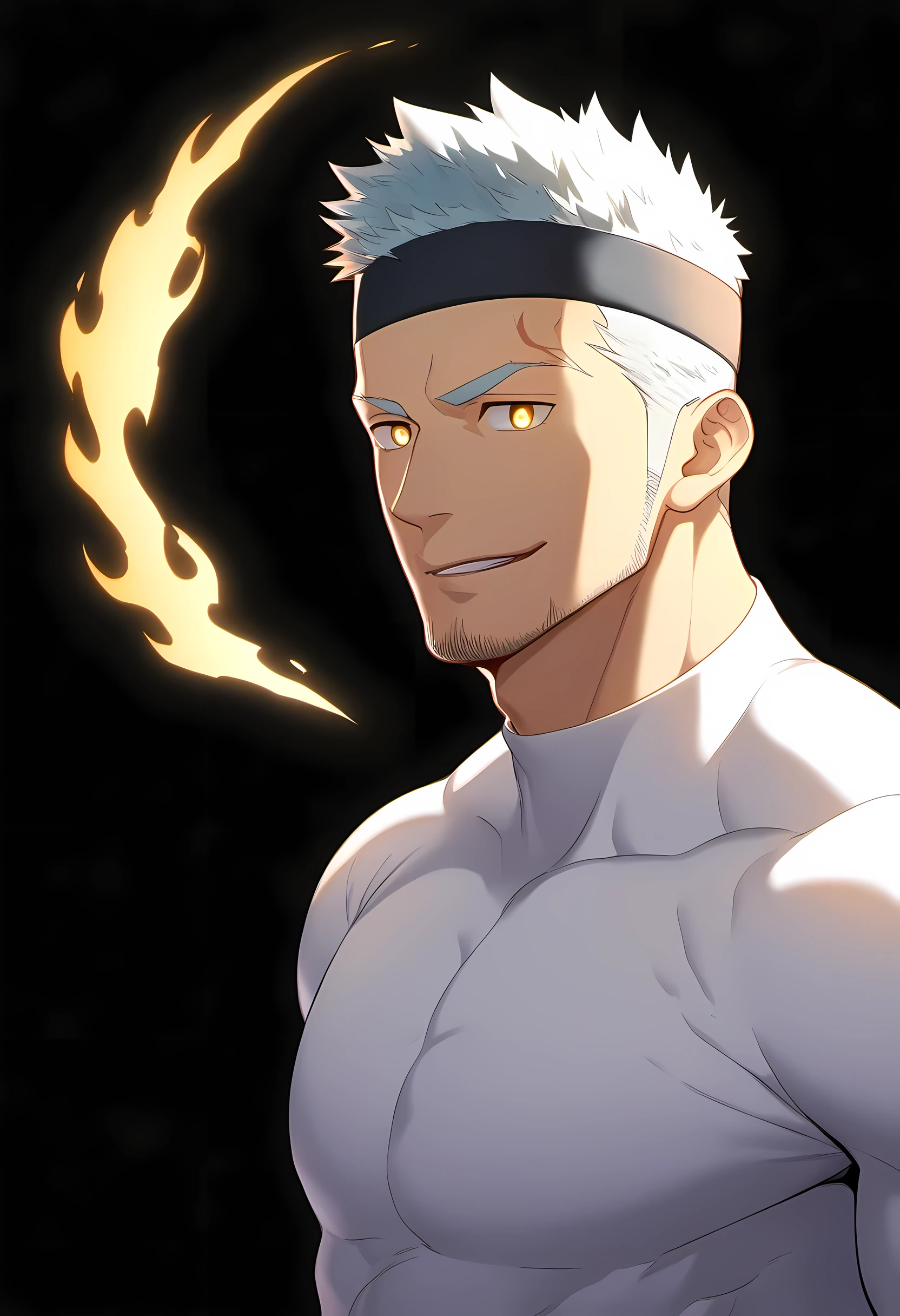 anime characters:Guy, Priapus, ung muscular man, male focus, Sporty black headband, Tight turtleneck long sleeve white spandex T-shirt, Milky white mucus at the corners of the mouth, muscular male, muscular, only, Upper body, alone, white short hair, stubble, yellow eyes, black background, simple background, amazing quality, best aesthetics, Ridiculous, bright pupils, short hair, naughty face, torogao, open lips, best quality