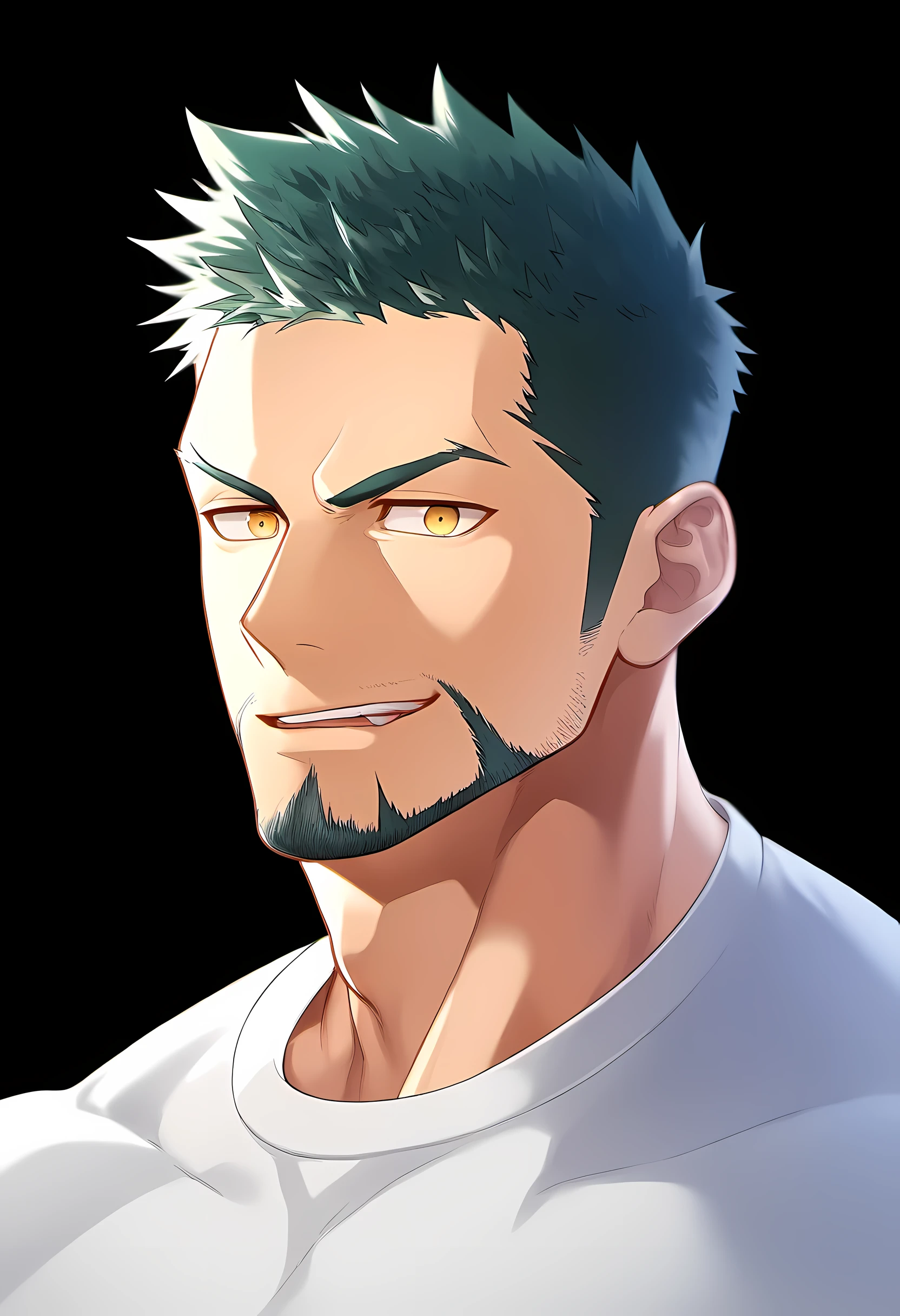 anime characters：Guy, Priapus, 1 young muscular man, male focus,  Sporty black headband, Tight turtleneck long sleeve white spandex T-shirt, Milky white mucus at the corners of the mouth, muscular male, muscular, only, Upper body, alone, white short hair, stubble, yellow eyes, black background, simple background, amazing quality, best aesthetics, Ridiculous, bright pupils, short hair, naughty face, torogao, open lips, best quality
