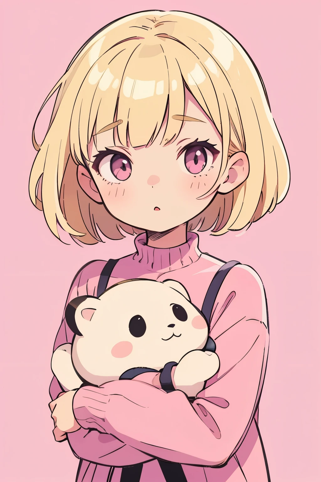 1 girl, blonde, short hair, Upper body, big face, pink clothes, simple background
