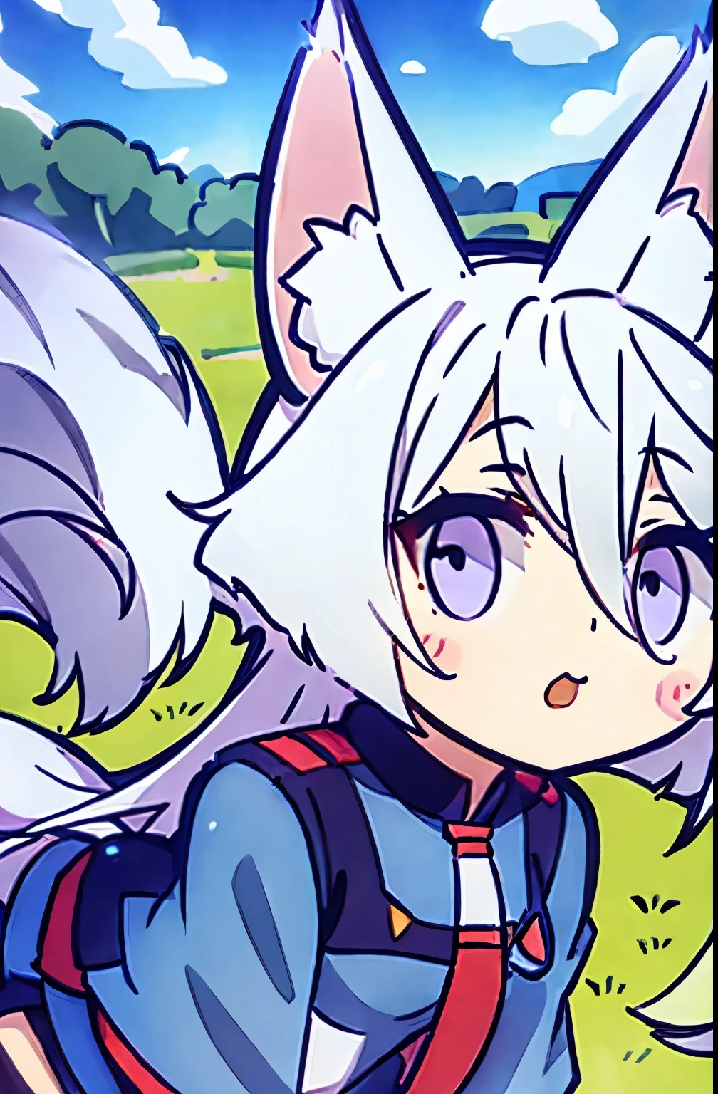 fox ears、cute、silver hair、The background is a farm、has a fox tail