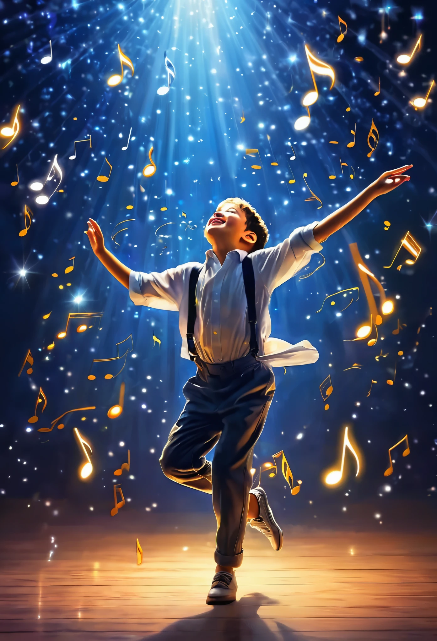 best quality, masterpiece, boy enjoying music, Glowing notes dance in the air,