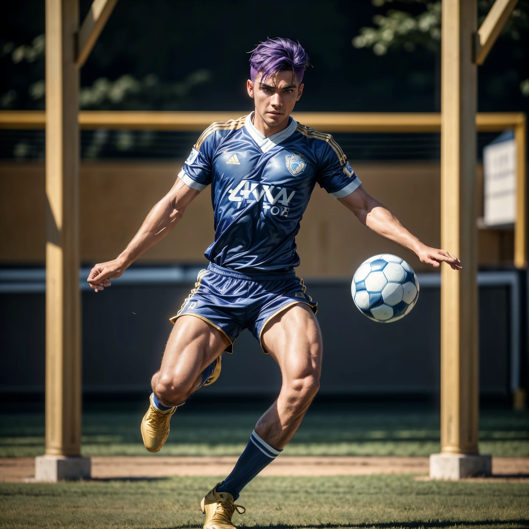 (best quality,4k,8k,highres,masterpiece:1.2),ultra-detailed, Greek god Ares as college student, wearing blue soccer uniform with gold accents, purple hair, red eyes, on soccer pitch, aggressively kicking ball, HDR, 8k, absurdres, cinestill 800, sharp focus, add_detail:3