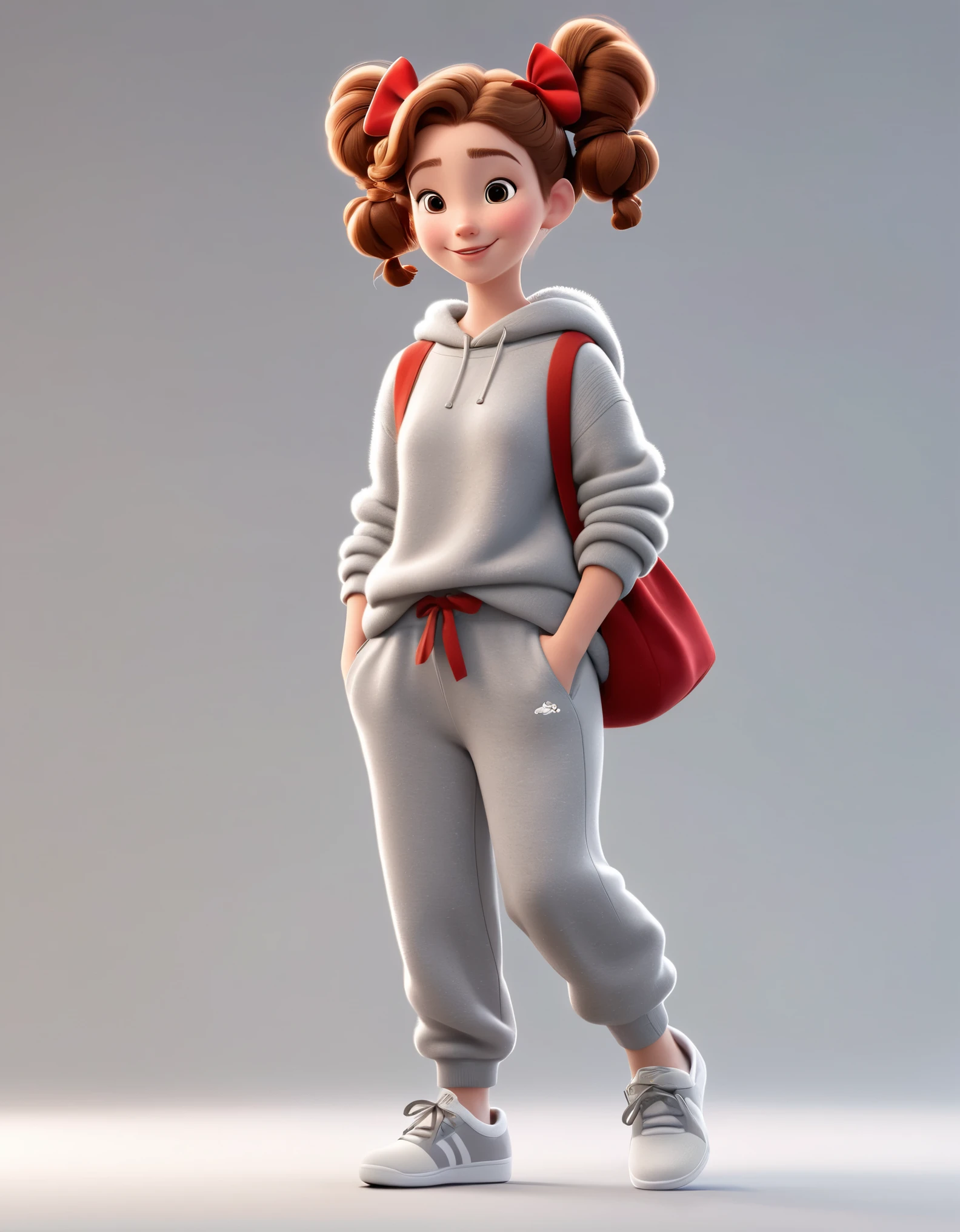 3D character from Disney animation, Pixar style,whole body,Walking happily,red bow,Simple gray soft sweater and furry very baggy sweatpants,with braids,white shoes,clean background.cinnamic lighting, ray tracing, high details, 3d render