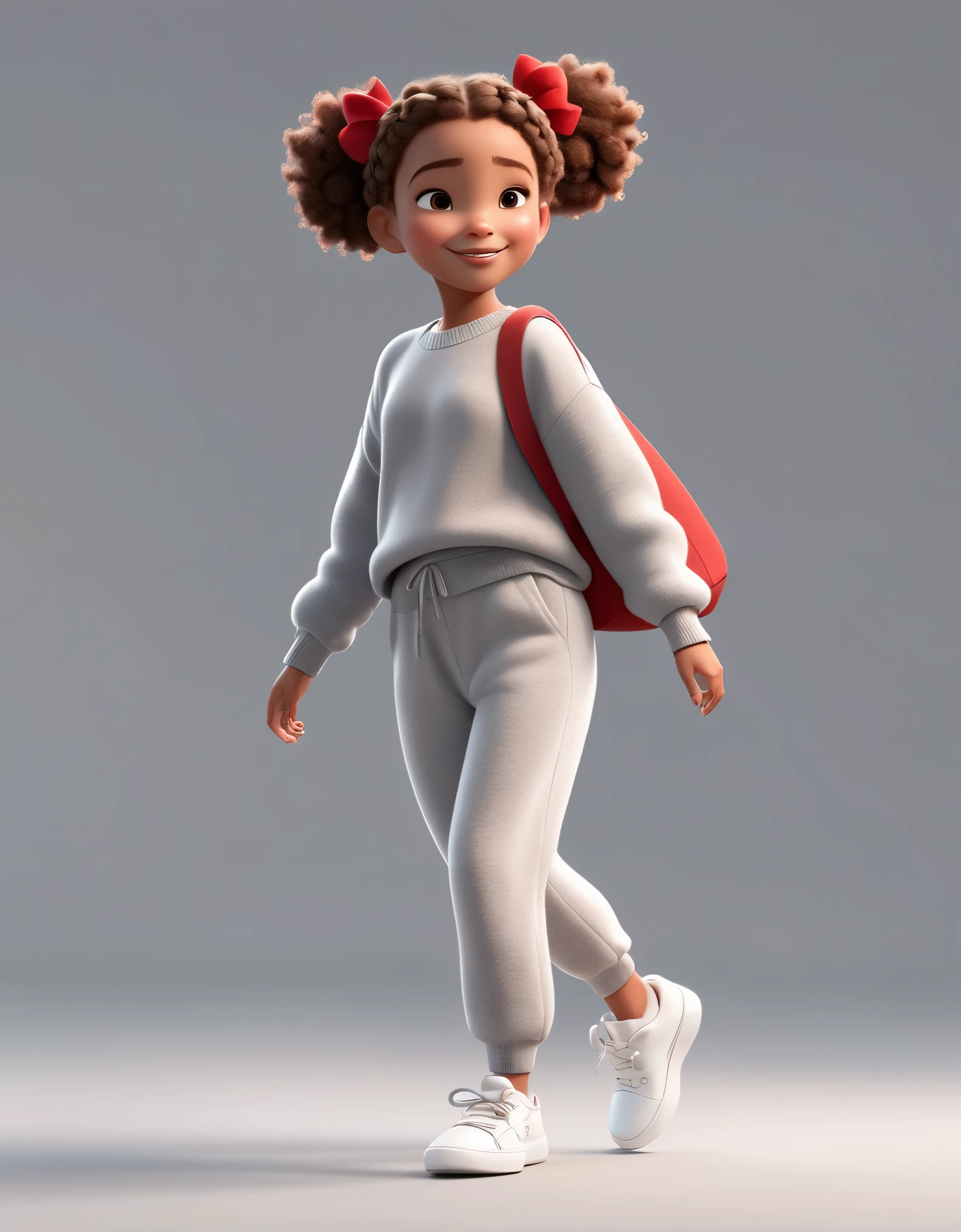 3D character from Disney animation, Pixar style,whole body，Walking happily，red bow，Simple gray soft sweater and furry very baggy sweatpants，with braids，white shoes，clean background.cinnamic lighting, ray tracing, high details, 3d render 