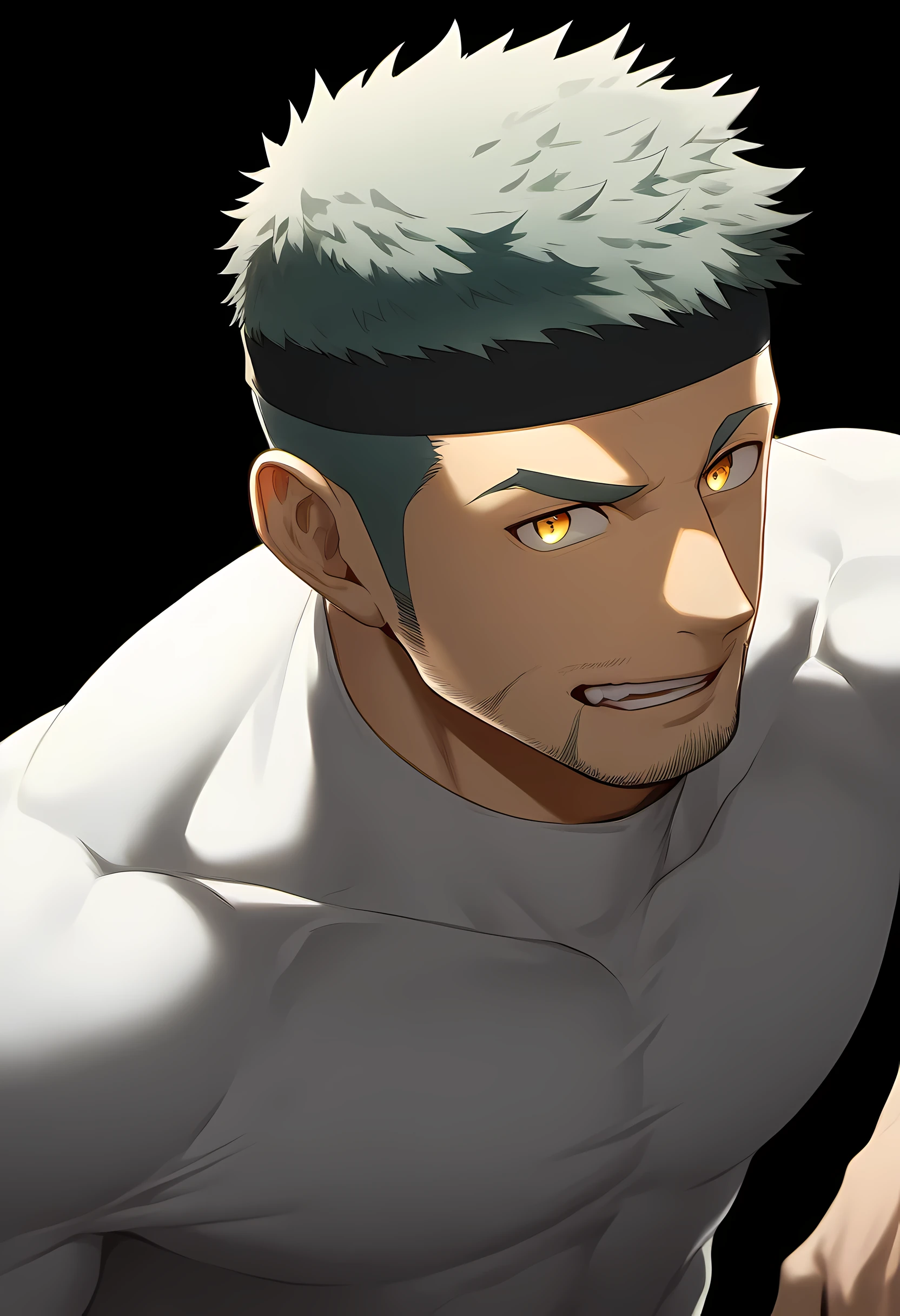 anime characters:Guy, Priapus, 1 young muscular man, male focus, Sporty black headband, Tight turtleneck long sleeve white spandex T-shirt, Milky white mucus at the corners of the mouth, muscular male, muscular, only, Upper body, alone, white short hair, stubble, yellow eyes, black background, simple background, amazing quality, best aesthetics, Ridiculous, bright pupils, short hair, naughty face, torogao, open lips, best quality
