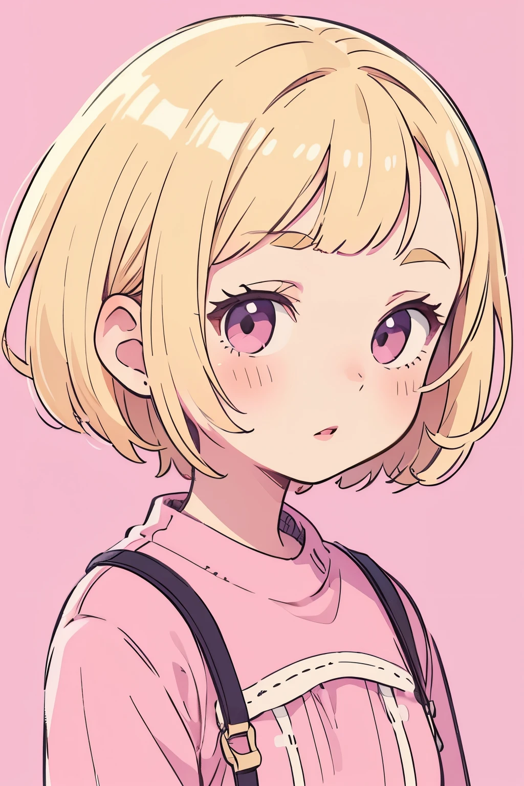 1 girl, blonde, short hair, Upper body, big face, pink clothes, simple background