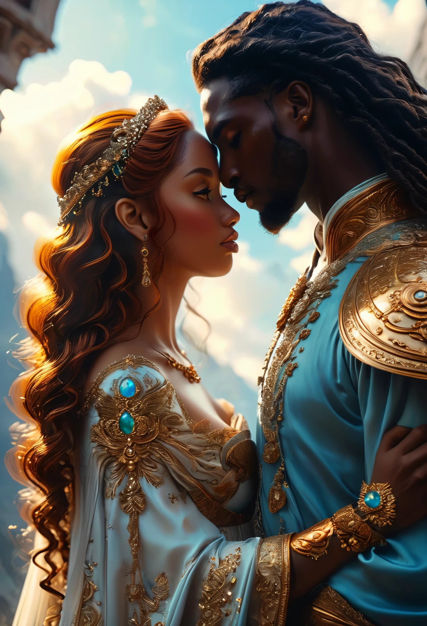 Novel in a celestial landscape, (((darkskinned))) loving couple in their 20s, a (dark-haired imperial duke) loves (((a pregnant dark-skinned:1.2 (ginger-haired)) celestial warrior), romantic way, 8K, extremely detailed, high quality, (photorealistic:1.37), ideal proportions and defined complexion, meticulously crafted features, unreachable beauty, perfection, breathtaking elegance, g curves, goddess-like figures, divine symmetry, artistic masterpieces, vivid realism, hyper-detailed sculptures, life-like forms, truly awe-inspiring, impeccable craftsmanship, pure radiance, ethereal beauty, delicate contours, striking poses, sublime beauty, subtle nuances, dynamic compositions, vibrant colors, perfect lighting, soulful expressions, celestial aura, majestic presence, dreamlike atmosphere, unmatched gdetailed octane render trending on artstation, 8 k artistic photography, photorealistic concept art, award - winning photograph, masterpiece, perfect composition, beautiful detailed intricate insanely

