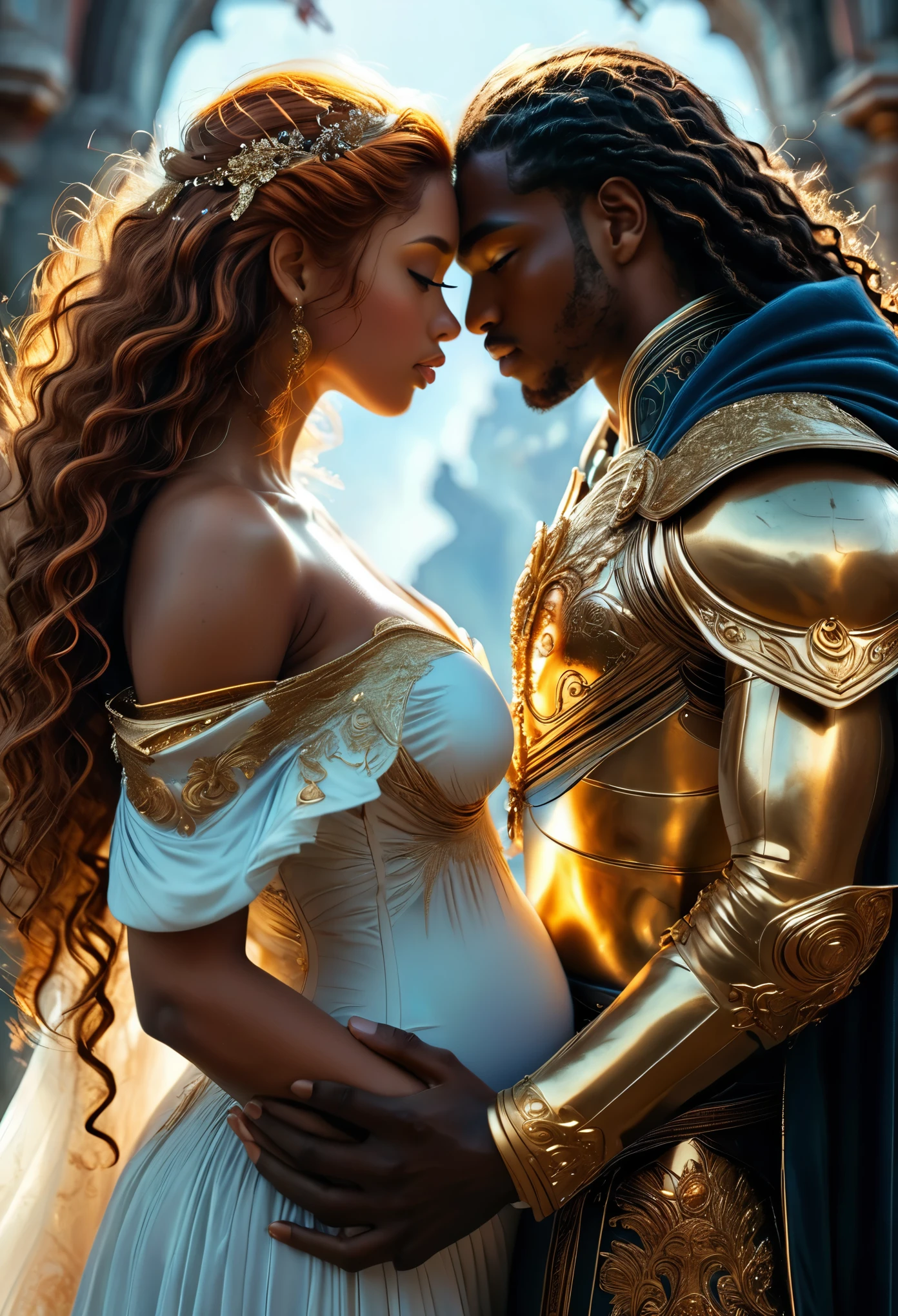 Novel in a celestial landscape, (((darkskinned))) loving couple in their 20s, a (dark-haired imperial duke) loves (((a pregnant dark-skinned:1.2 (ginger-haired)) celestial warrior), romantic way, 8K, extremely detailed, high quality, (photorealistic:1.37), ideal proportions and defined complexion, meticulously crafted features, unreachable beauty, perfection, breathtaking elegance, g curves, goddess-like figures, divine symmetry, artistic masterpieces, vivid realism, hyper-detailed sculptures, life-like forms, truly awe-inspiring, impeccable craftsmanship, pure radiance, ethereal beauty, delicate contours, striking poses, sublime beauty, subtle nuances, dynamic compositions, vibrant colors, perfect lighting, soulful expressions, celestial aura, majestic presence, dreamlike atmosphere, unmatched gdetailed octane render trending on artstation, 8 k artistic photography, photorealistic concept art, award - winning photograph, masterpiece, perfect composition, beautiful detailed intricate insanely
