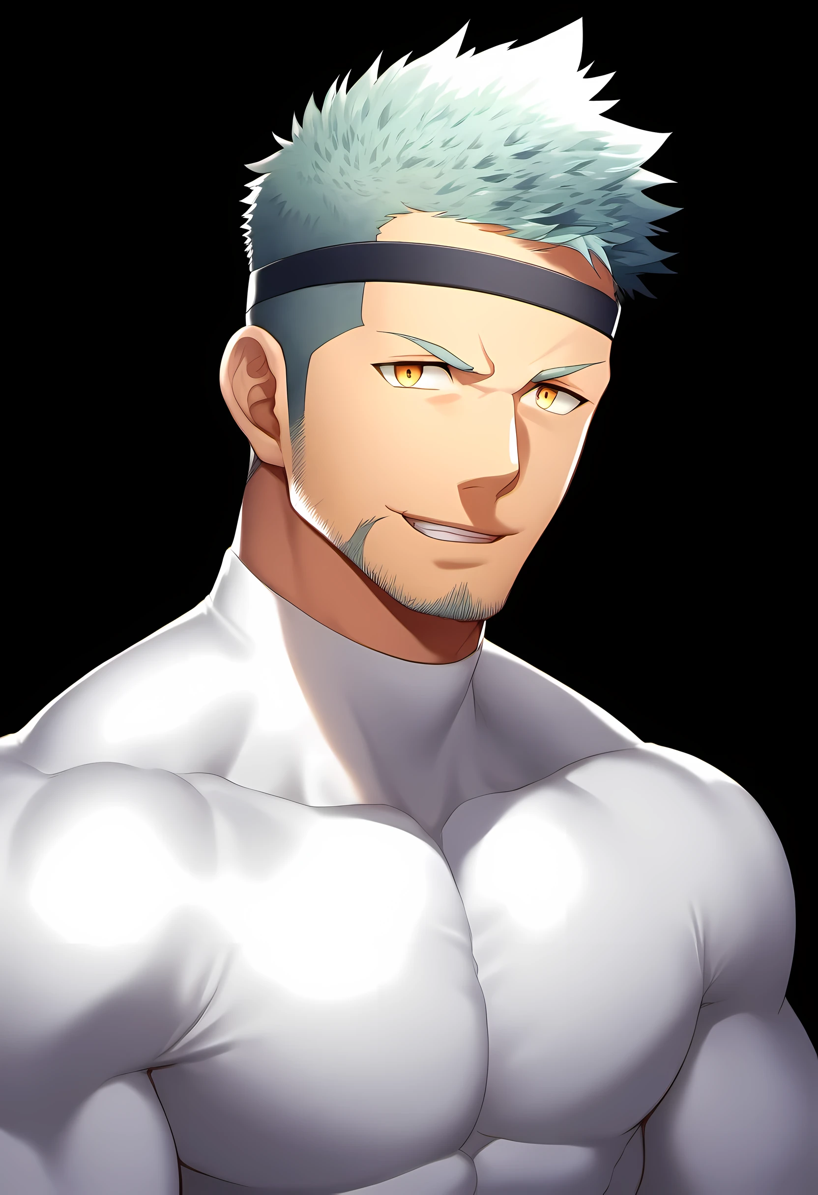 anime characters：Guy, Priapus, 1 young muscular man, male focus,  Sporty black headband, Tight turtleneck long sleeve white spandex T-shirt, Milky white mucus at the corners of the mouth, muscular male, muscular, only, Upper body, alone, white short hair, stubble, yellow eyes, black background, simple background, amazing quality, best aesthetics, Ridiculous, bright pupils, short hair, naughty face, torogao, open lips, best quality