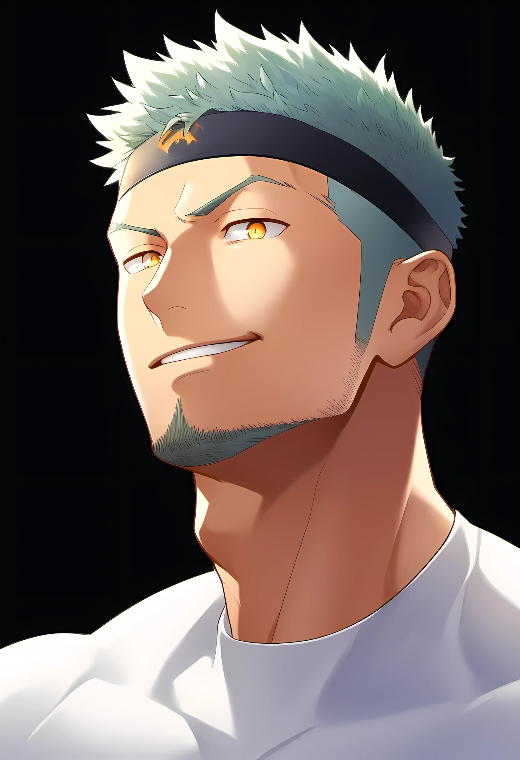 anime characters:Guy, Priapus, ung muscular man, male focus, Sporty black headband, Tight turtleneck long sleeve white spandex T-shirt, Milky white mucus at the corners of the mouth, muscular male, muscular, only, Upper body, alone, white short hair, stubble, yellow eyes, black background, simple background, amazing quality, best aesthetics, Ridiculous, bright pupils, short hair, naughty face, torogao, open lips, best quality