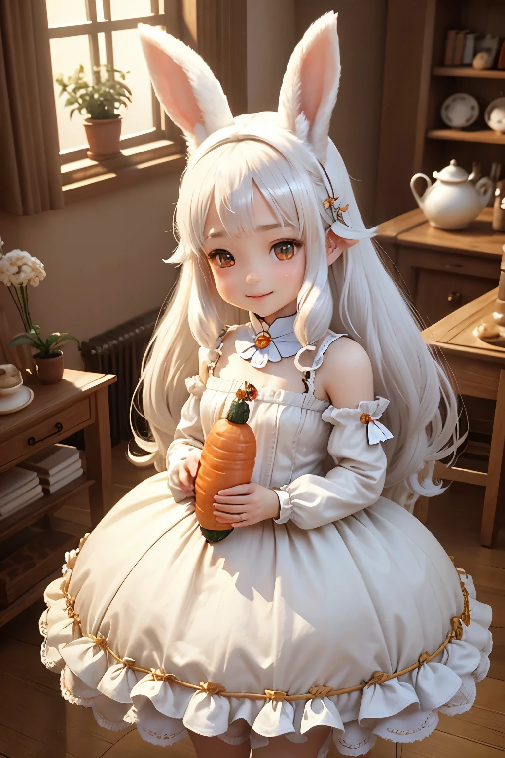 masterpiece、high quality、high resolution、High resolution、genuine、3D、two girls、sisters、white hair、(white rabbit&animal ears)、fluffy ears、small ears、rabbit girl、fluffy fur、Carrot、(smoke fills the room)、Sweat、smile