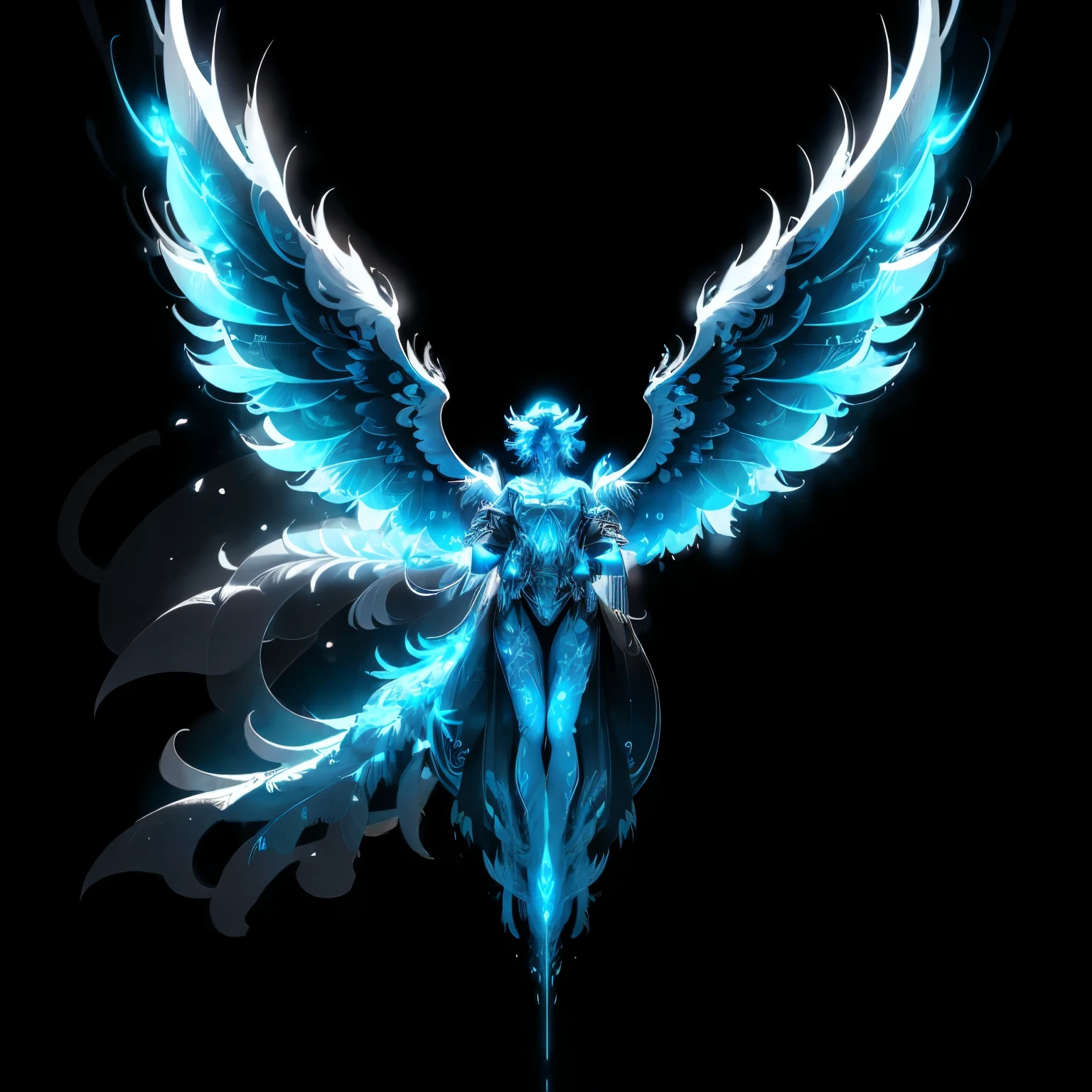 In this 4K 16:9 image, the mythological Phoenix spreads its wings wide open, unveiling the infinite symbol as its tail. The Phoenix, portrayed in black and white tones, grips in its claw a band bearing the name "Natalia." The image is rich in intricate details, with volumetric lighting and highly realistic textures bringing the scene to life. The Phoenix, adorned with feathers that glisten in the sunlight, looks up towards the clear, azure sky, emitting a subtle, ethereal glow. The striking contrast between the white Phoenix and the dark background adds to the dramatic effect of this illusory engine rendering.