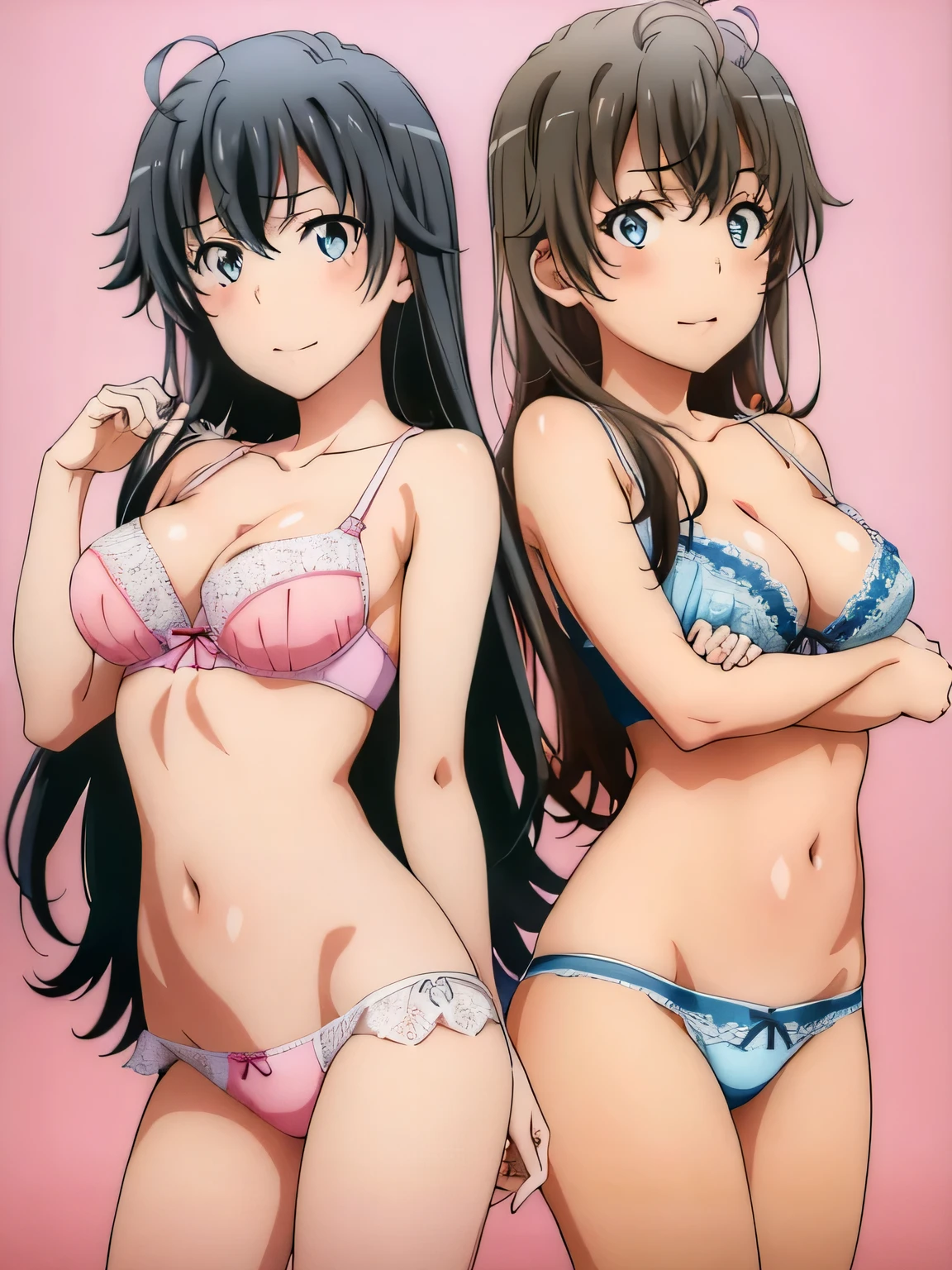 2 girls, sample background,,Yukinoshita Yukino in watercolor lace bra and panties, married, Yuigahama wife wearing pink lace bra and panties, lily