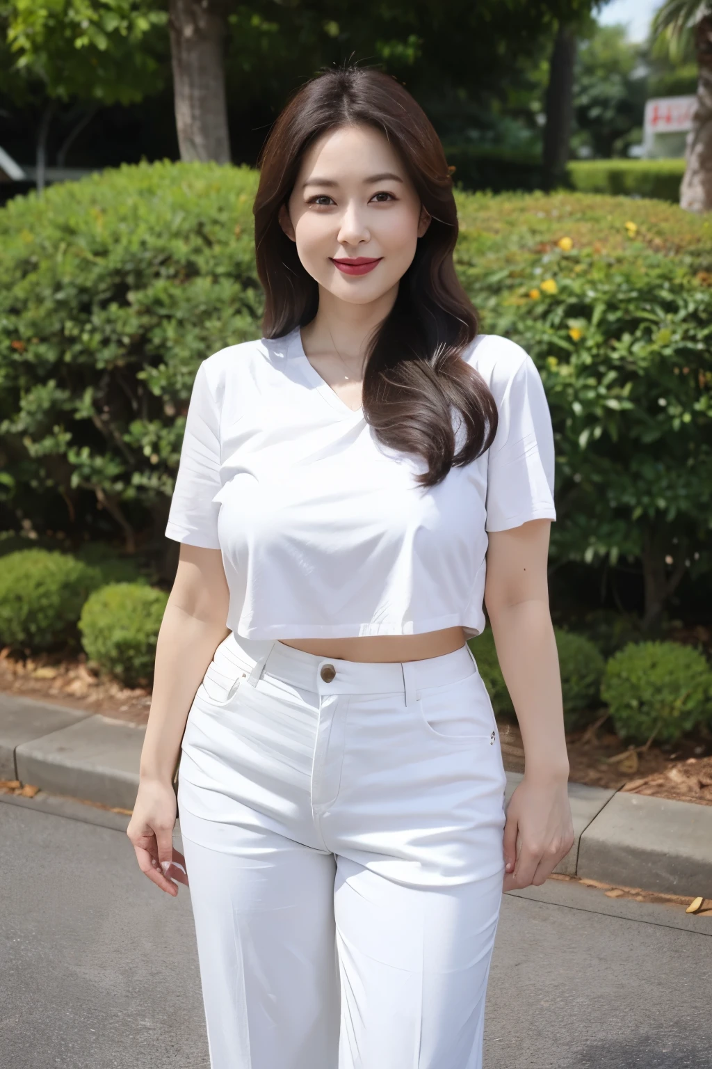 Draw lips correctly, red lipstick, from chest up, best quality, Super detailed, lifelike, Super fine skin, perfect anatomy, (1 日本Mature的女人), (alone)，wear white shirt，short sleeves，white pants，wavy long hair，37-year-old female，Mature，charming smile，outdoor background，stand，Leg length，Chubby，Big breasts，stand up，full-body shot