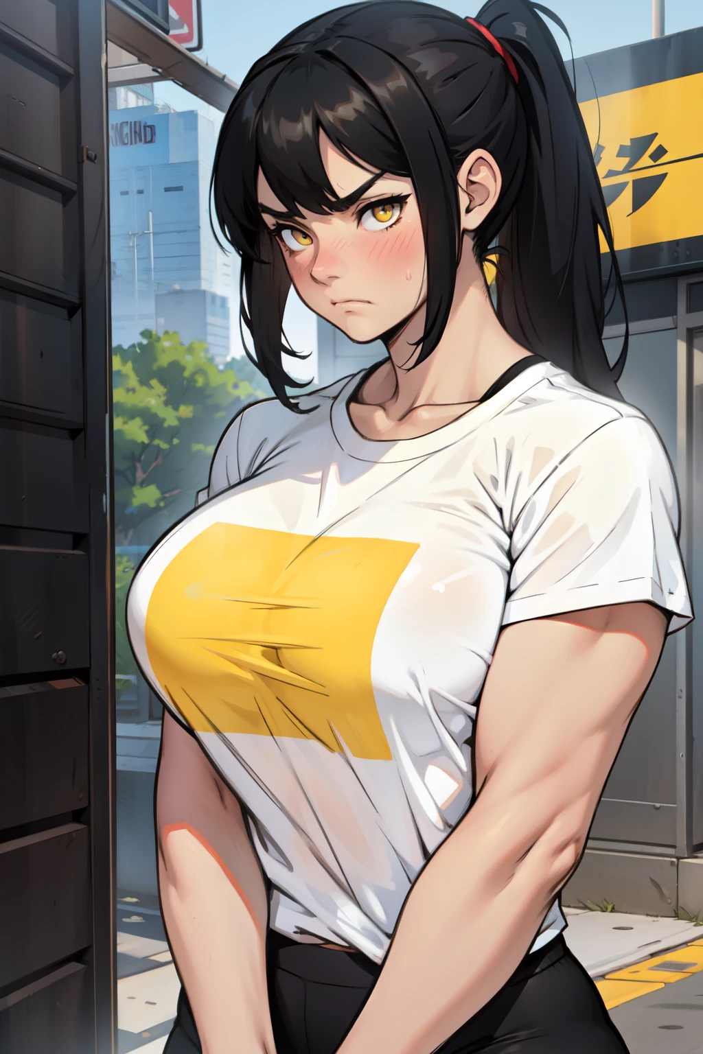 ((muscular)) girl huge breasts black hair yellow eyes pale girl tight tshirt sad frown blush