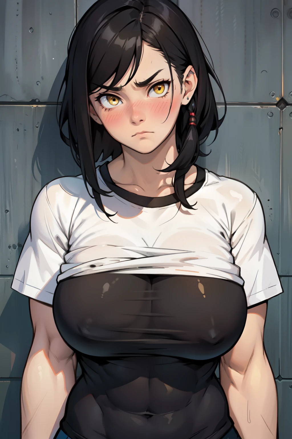 ((muscular)) girl huge breasts black hair yellow eyes pale girl tight tshirt sad frown blush