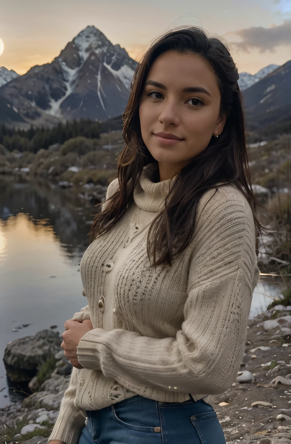 XENIA ((parte superior del cuerpo selfie, Feliz)), cabello rizado rubio, Obra maestra, Mejor calidad, ultra detallado, solo, al aire libre, (Noche), mountains, Naturaleza, (estrellas, luna) feliz, Feliz, mochila a la espalda , bolsa de dormir, Invernadero de camping, botella de agua, Mountain boots, guantes, sweater, tiene, Linterna, bosque, rocas, river, madera, Fumar, oscuridad, contrast, cielo limpio, analog style (mirar al espectador:1.2) (textura de la piel) (film grain:1.3), (warm tone, warm tone) :1.2), de cerca, cinematic light, side lighting, Ultra high resolution, Mejor sombra, CRUDO, parte superior del cuerpo, , vistiendo jersey kodak vision 3,