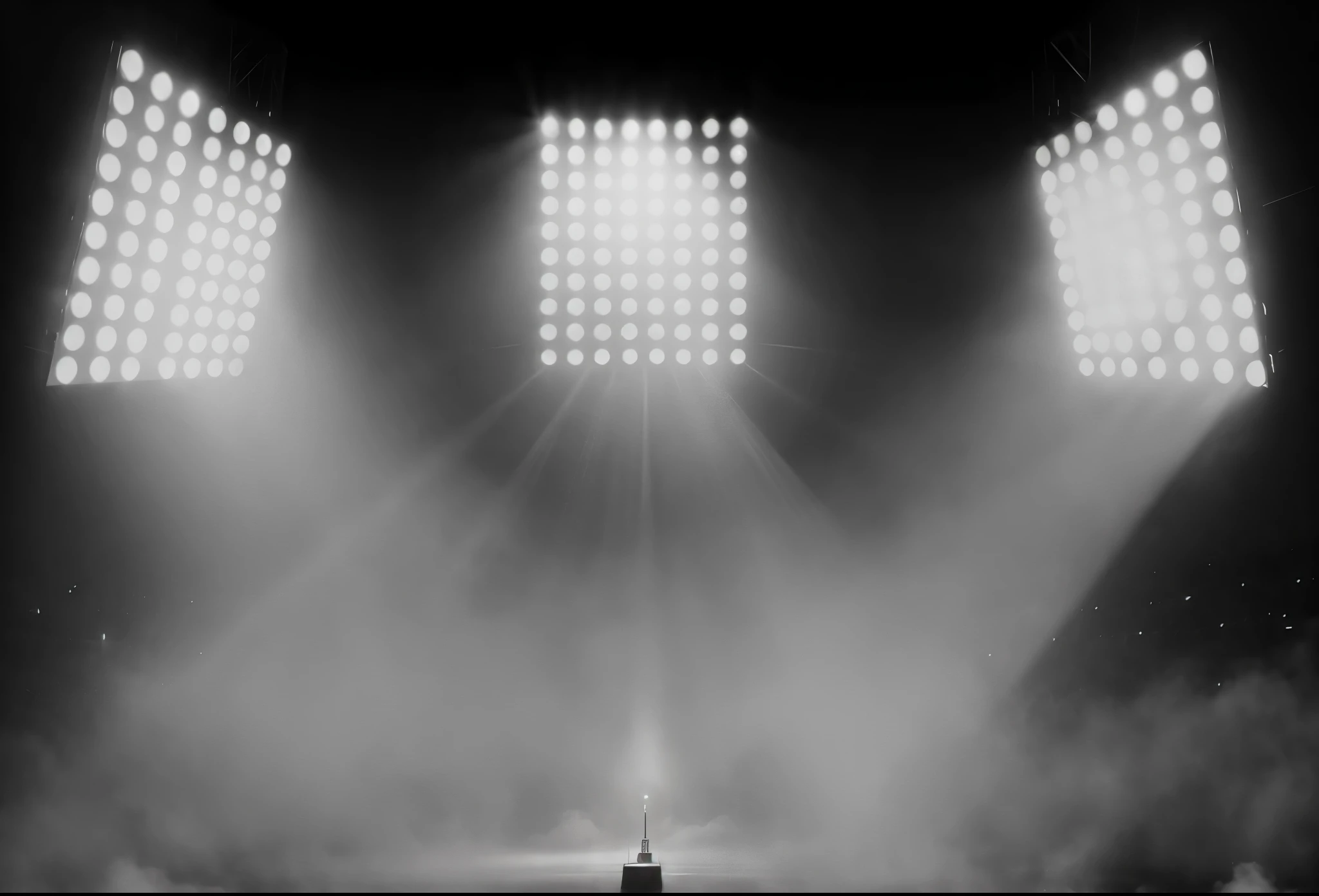 Black and white photo of stage with spotlight, Dramatic stadium lighting, searchlights in background, Light shaft and fog, 戏剧stage lights光, Atmospheric fog and lighting, spotlight on ceiling, dim lights in the sky, stage lights, floodlight, concert lights, Tense atmosphere, dim lights and fog, light through fog, Heavenly dramatic lighting