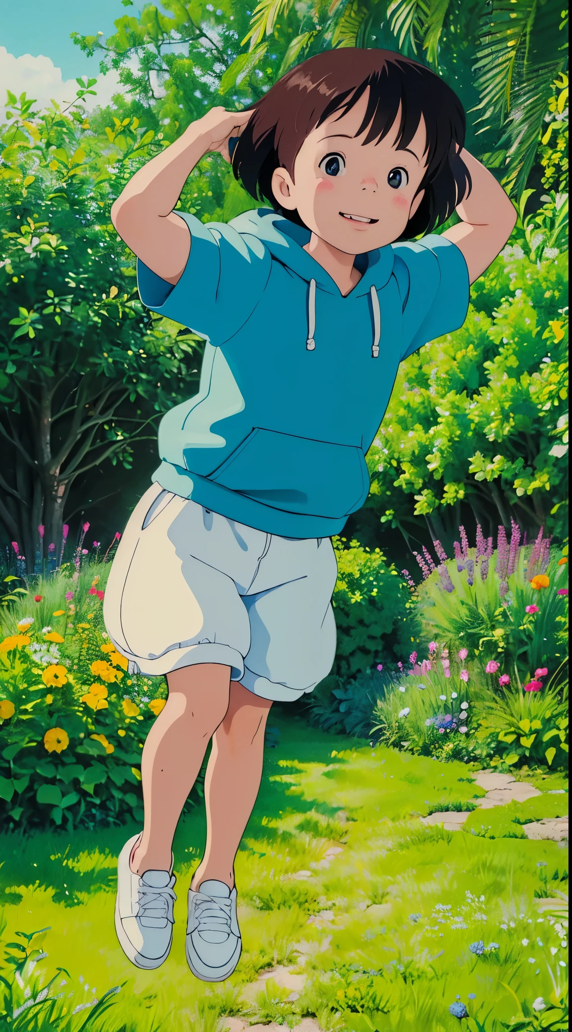 (best quality,4k,8k,highres,masterpiece:1.2),ultra-detailed,(realistic,photorealistic,photo-realistic:1.37),portrait,colorful,soft lighting,warm tones,bright background,little baby in GAP clothes,adorable chubby cheeks,innocent smile,curious sparkling eyes,small round nose,tiny pink lips,cute blue jeans,comfy gray hoodie,tiny white sneakers,playful pose,colorful balloons in the background,joyful atmosphere,beautiful garden setting,green grass and blooming flowers,clear blue sky,jumping and laughing,bright and vibrant colors,exquisite attention to detail.