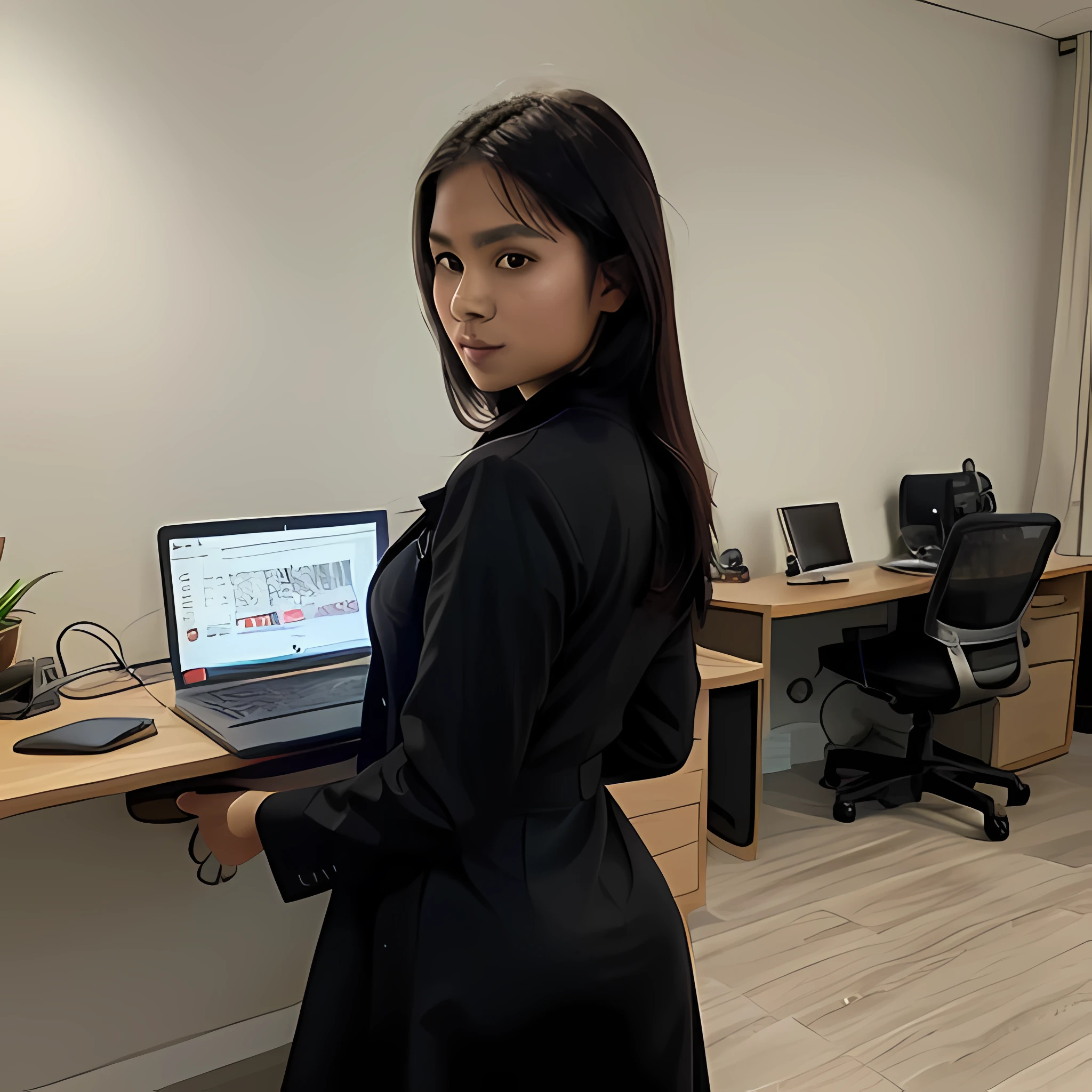 Create a beautiful ultra realistic 20 year old Indonesian woman working in a well decorated Google office and busy with her laptop and doing work from home in front of the 3D logo "MOZZARELLA" Sexy woman wearing a Black smart dress, Tie coat and Dress shoes, Background The back of the image should show an INDONESIA based music company and office set up like a computer desk and he is a suitable profile image and modify it to suit your point of view.