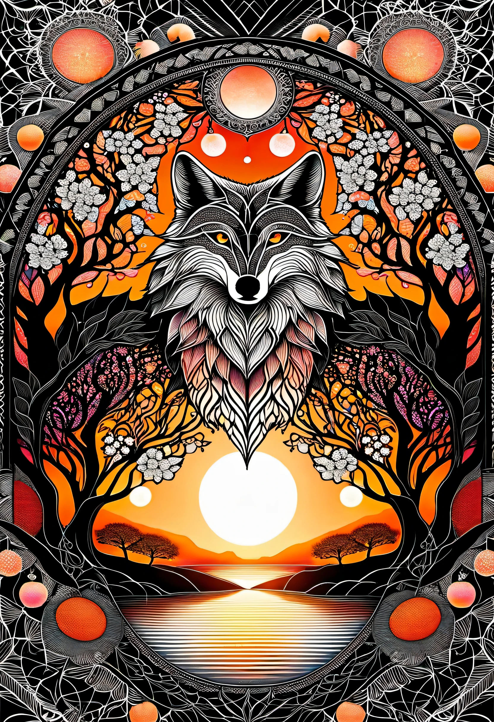 wolf illustration with shadow contrast symmetrical style, eternal fantasy realism, arrangement background mandala tangle, peach tree, flying dark gothic sphere, very beautiful glow essence, high quality, Complex, (With coating symmetrical style landscape illustration, gothic fantasy realism, Place sunset and river background, peach tree, Bulbul, western painting batik essence, high quality, Complex),