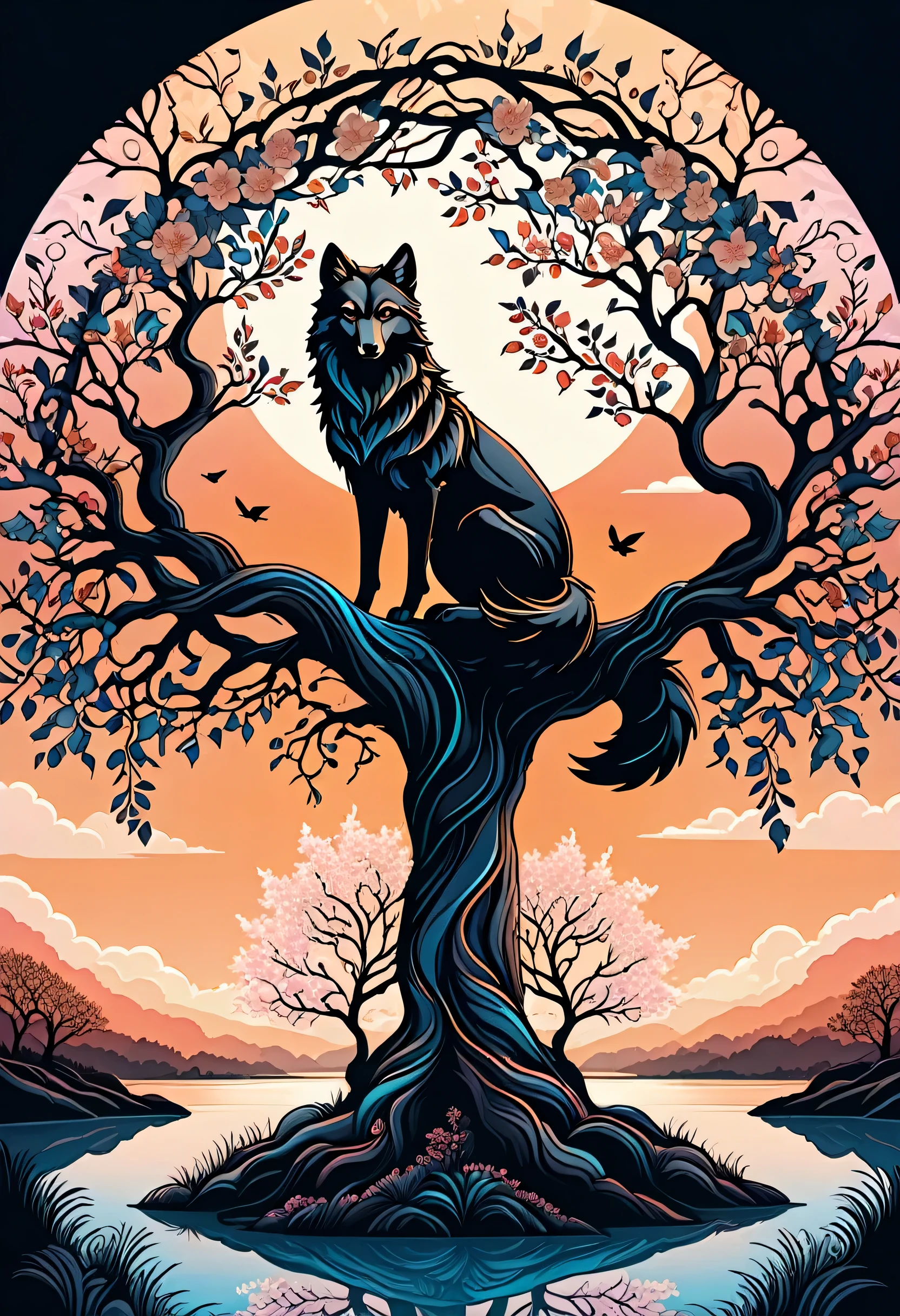 wolf illustration with shadow contrast symmetrical style, eternal fantasy realism, arrangement background mandala tangle, peach tree, flying dark gothic sphere, very beautiful glow essence, high quality, Complex, (With coating symmetrical style landscape illustration, gothic fantasy realism, Place sunset and river background, peach tree, Bulbul, western painting batik essence, high quality, Complex),