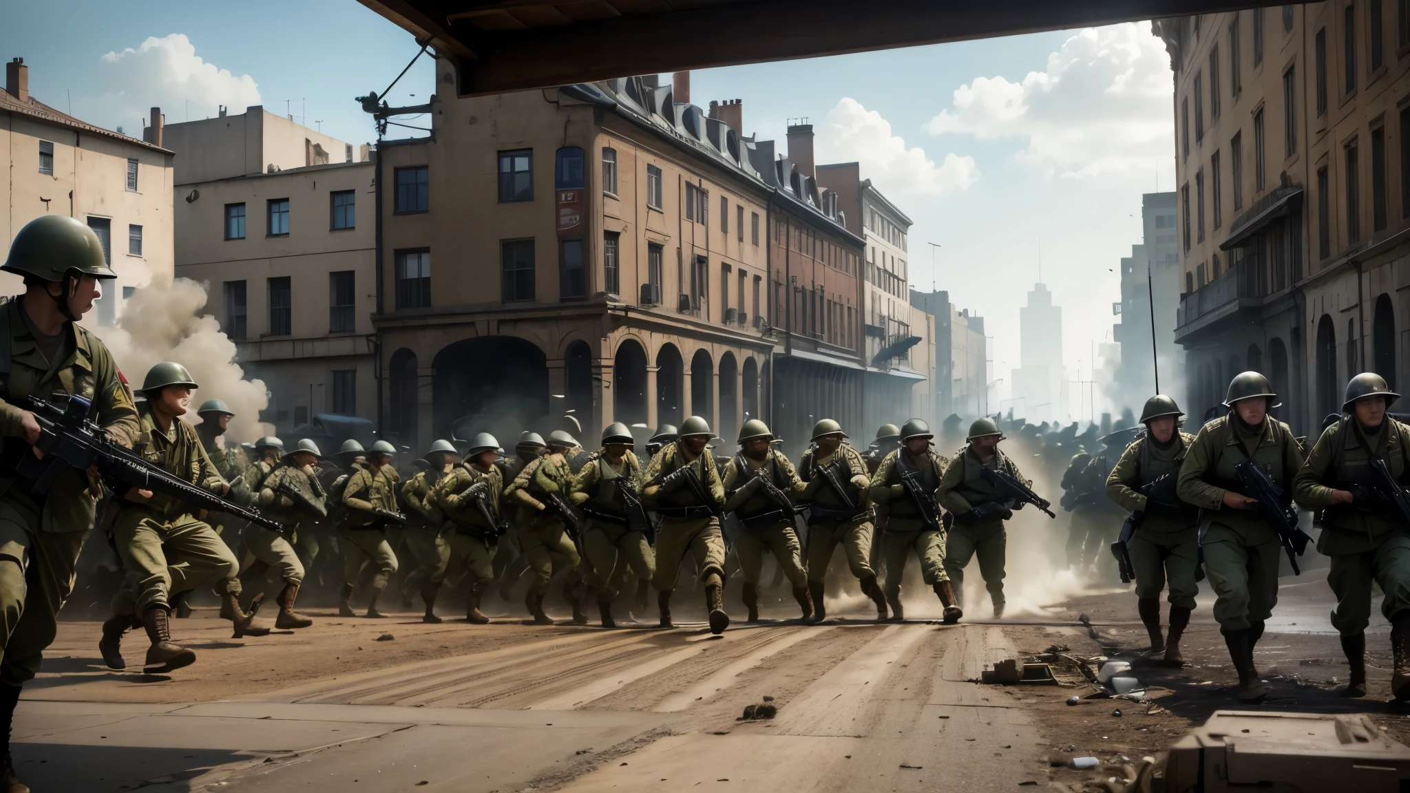 arafed image of a group of soldiers in a city, zack snyder cinematography style, inspired by Kazimierz Wojniakowski, waldo in the top right of frame, dark color. explosions, crowd of longhairs, shot on anamorphic lenses, take cover, 3 dmax, orcs, screencap