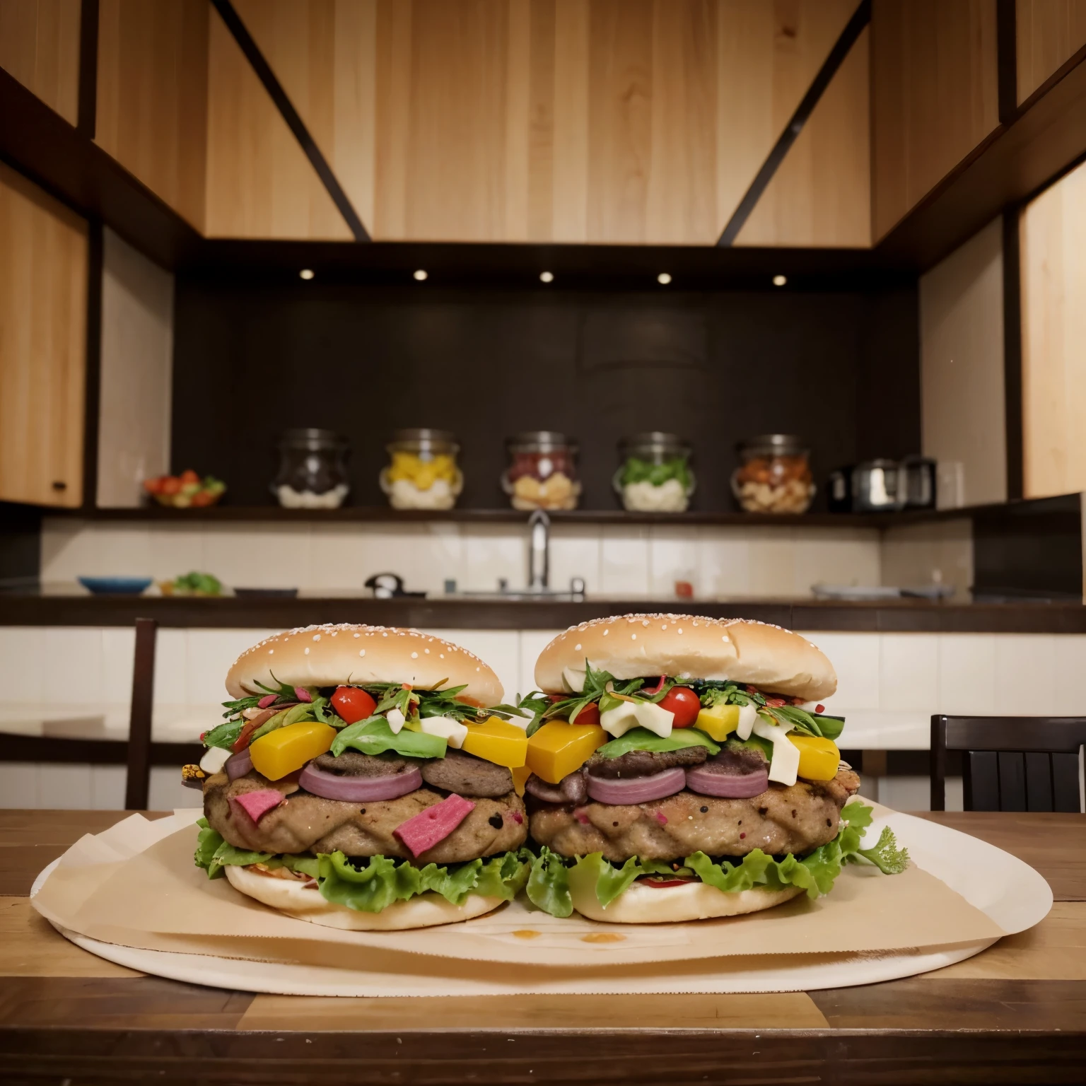 Una mesa, con verduras, frutas y toda clase de alimentos saludables para el ser humano y a un lado, otra mesa con hamburguesas, carne, comida chatarra, comida rapida y toda clase de alimentos que son malos para la salud humana