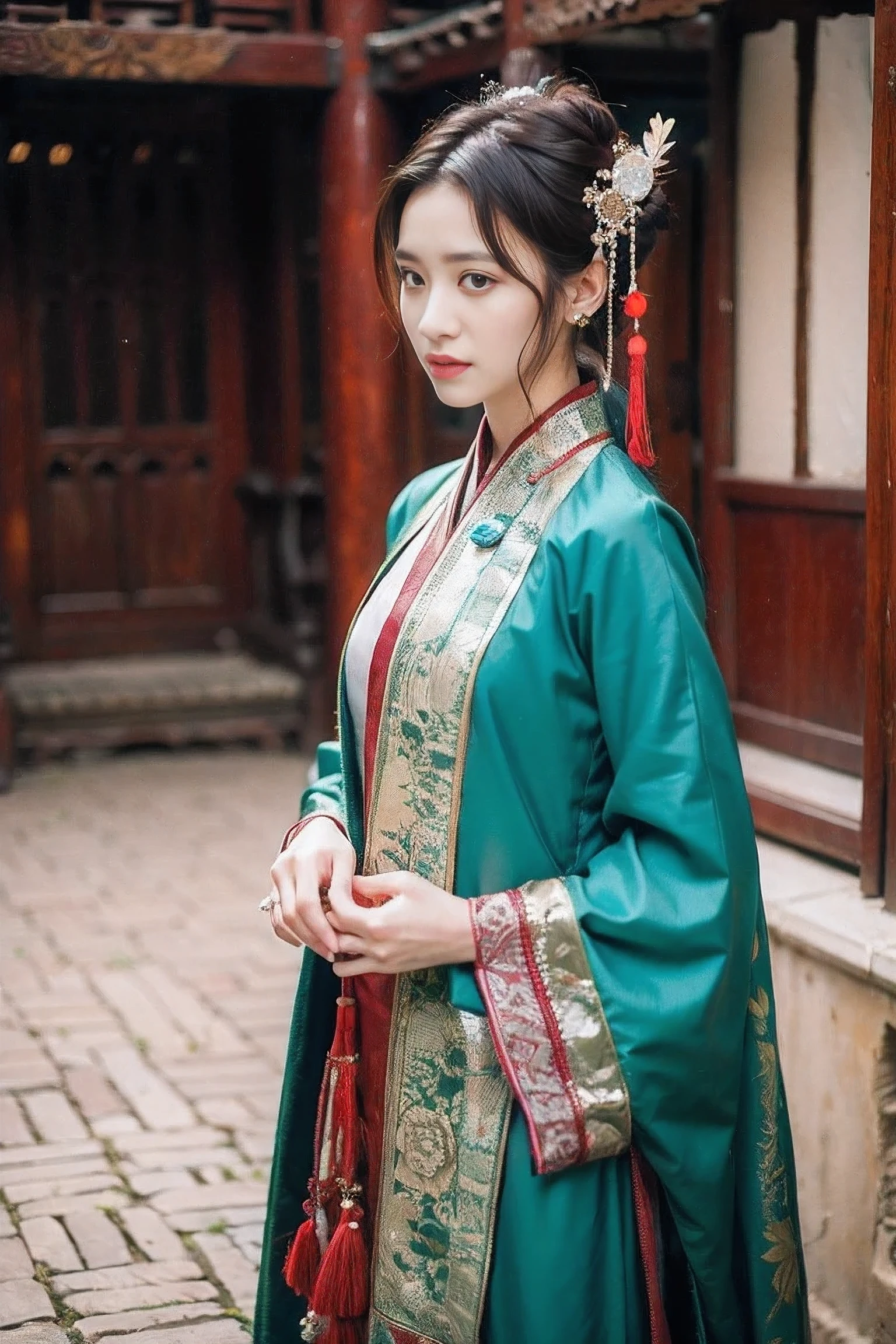 Realistic photography, 8k ,Beautiful woman with long hair,green ancient chinese dress