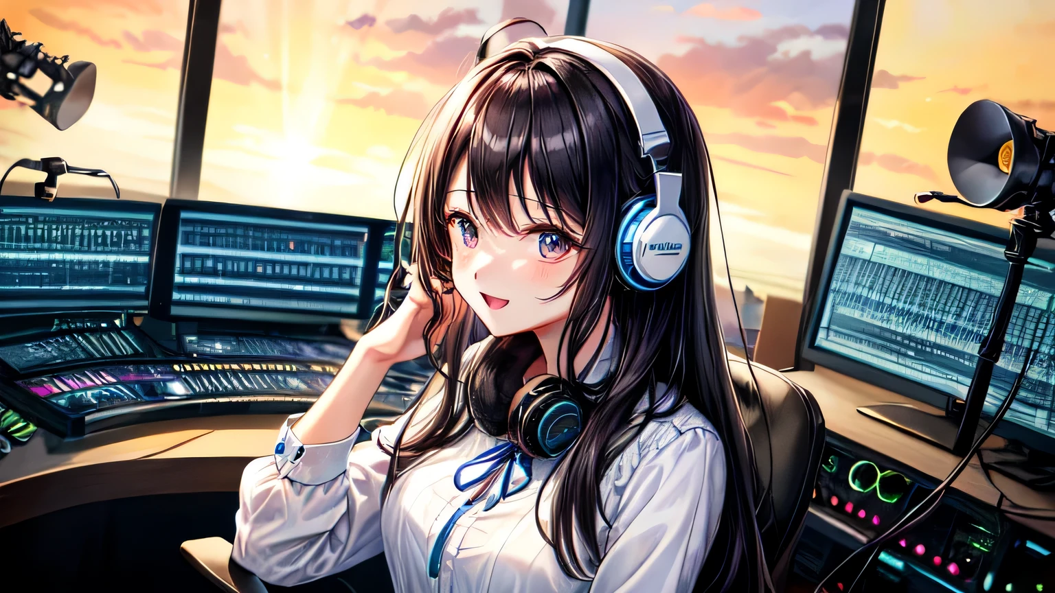 Finest images、Radio Studio、20th generation women、medium long hair、headphone、recording、illumination、black hair、blouse、one person