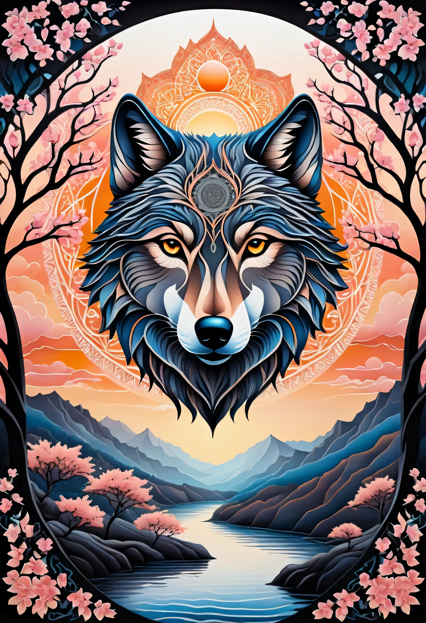 wolf illustration with shadow contrast symmetrical style, eternal fantasy realism, arrangement background mandala tangle, peach tree, flying dark gothic sphere, very beautiful glow essence, high quality, Complex, (With coating symmetrical style landscape illustration, gothic fantasy realism, Place sunset and river background, peach tree, Bulbul, western painting batik essence, high quality, Complex),