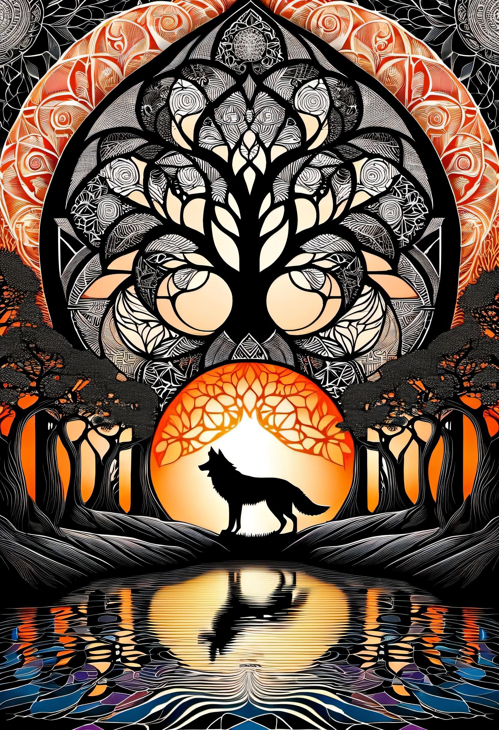 wolf illustration with shadow contrast symmetrical style, eternal fantasy realism, arrangement background mandala tangle, peach tree, flying dark gothic sphere, very beautiful glow essence, high quality, Complex, (With coating symmetrical style landscape illustration, gothic fantasy realism, Place sunset and river background, peach tree, Bulbul, western painting batik essence, high quality, Complex),