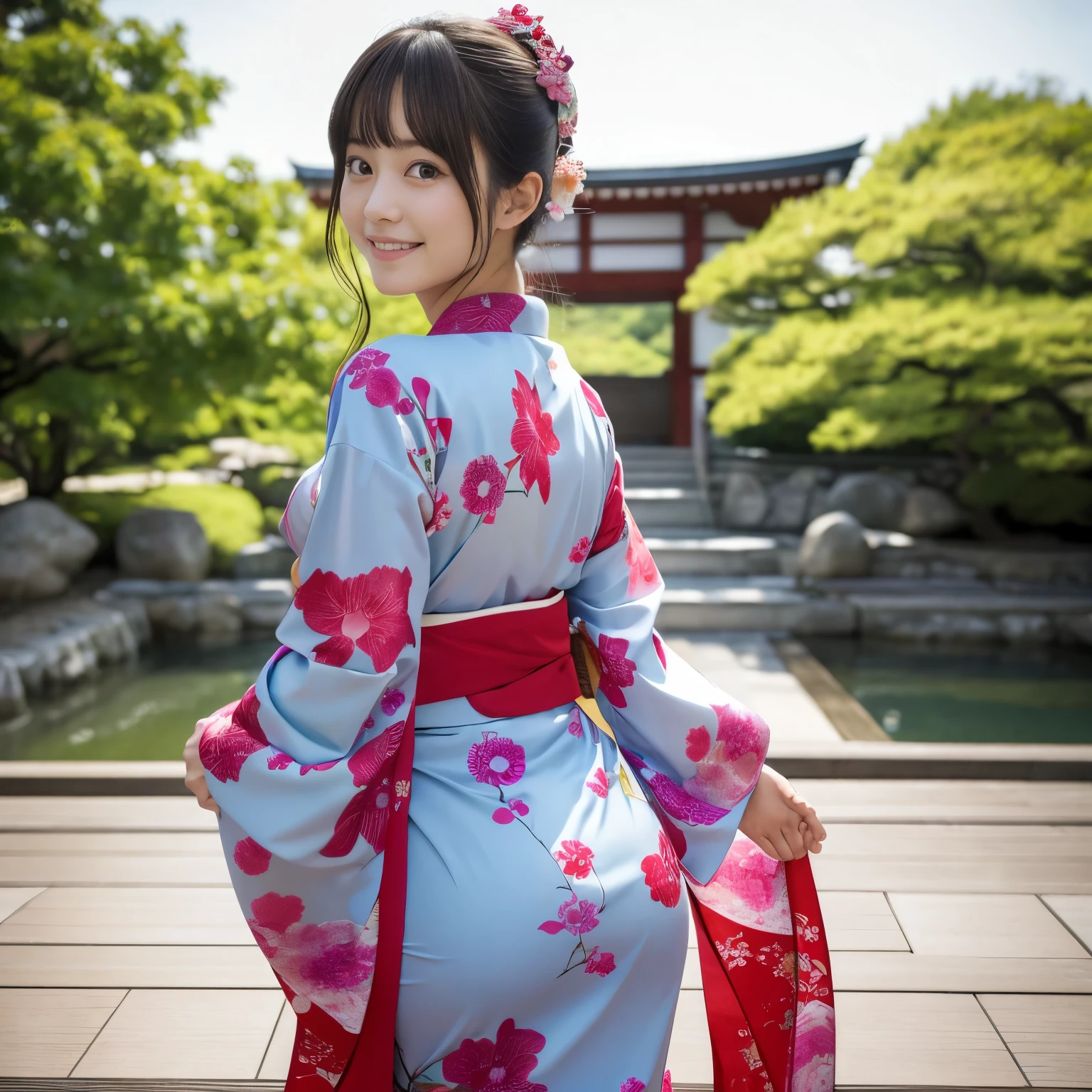 Best-quality, Masterpiece, Ultra-High-Resolution, (Photorealistic:1.4), Raw-Photo, 1girl, the most famous Japanese idol, wearing Japanese-KIMONO, upturned ass that wearing Japanese-KIMONO, looking at viewer, innocent-smile